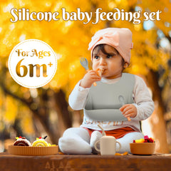 CHCC silicone bib with deep pocket image highlighting easy food catch and cleanup