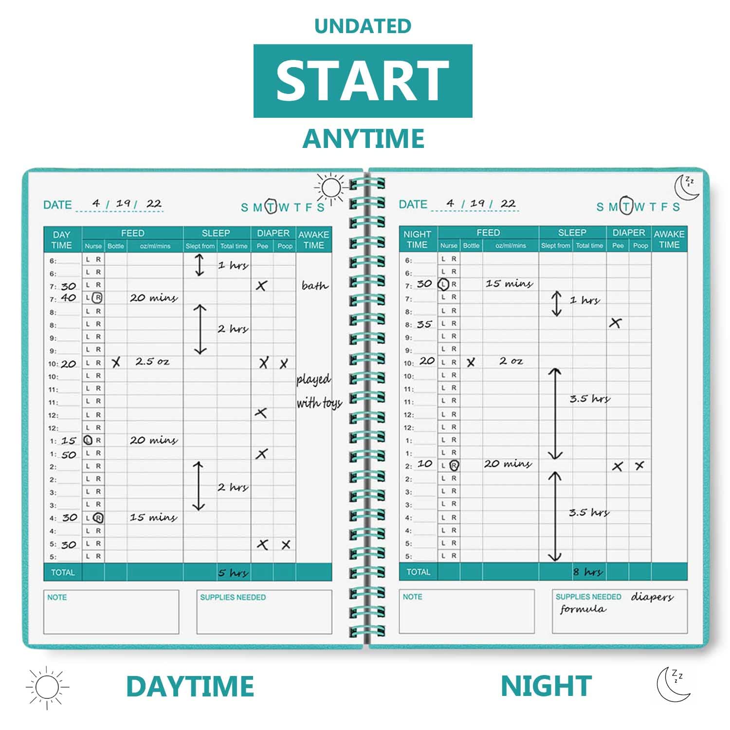 Cheericome Baby's Daily Log Book nursing tracking page for clearer feeding records.