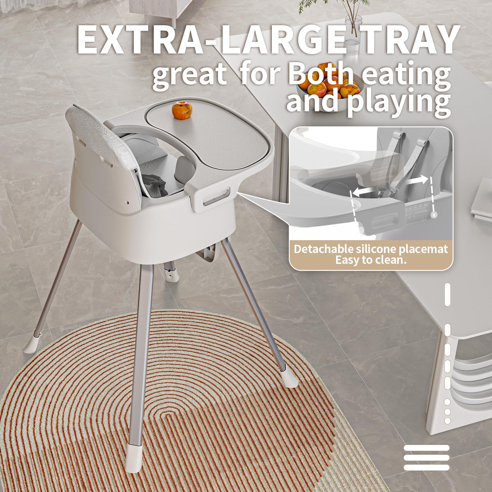 CheerKid portable highchair compact base and tray dimensions for small spaces