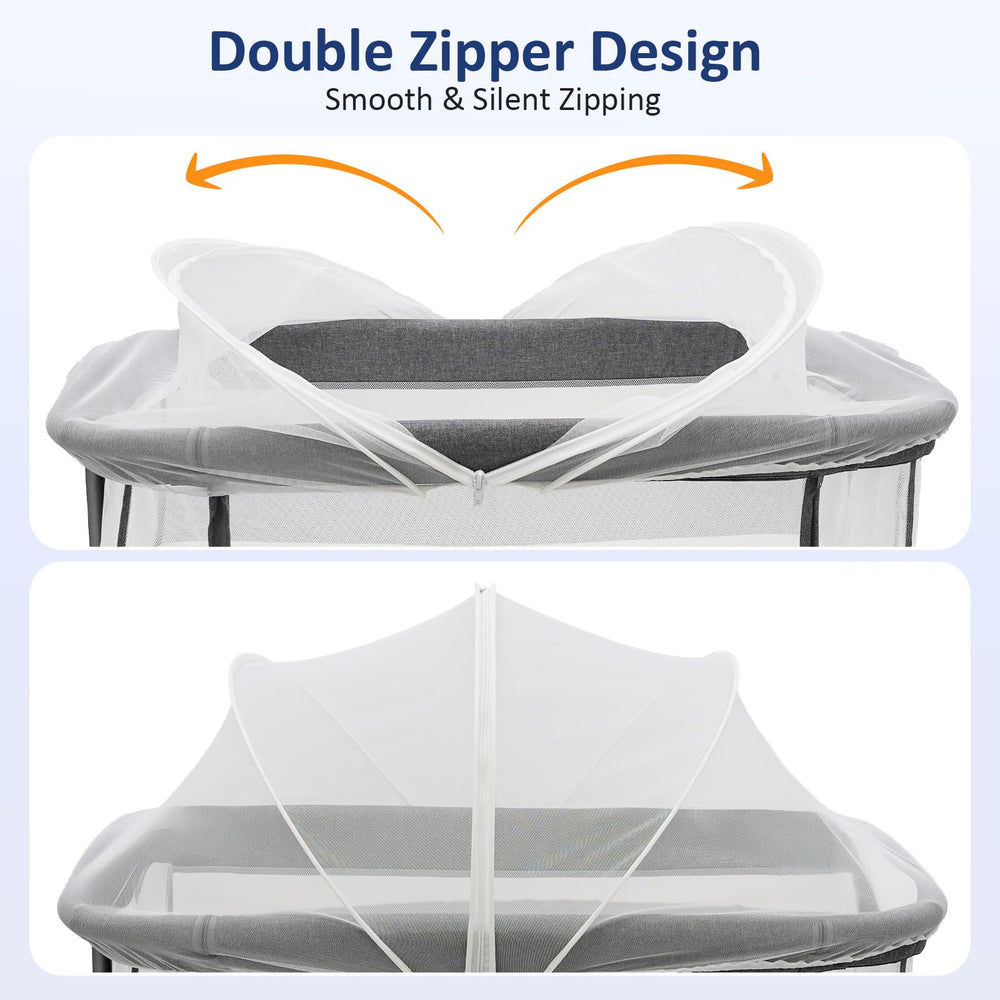 Cheermomo bassinet cover two-way-zipper enables quick night-feed access.