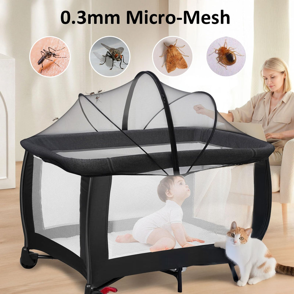 Cheermomo Pack n Play Cover with 2-way zipper allows quick access without exposing baby.