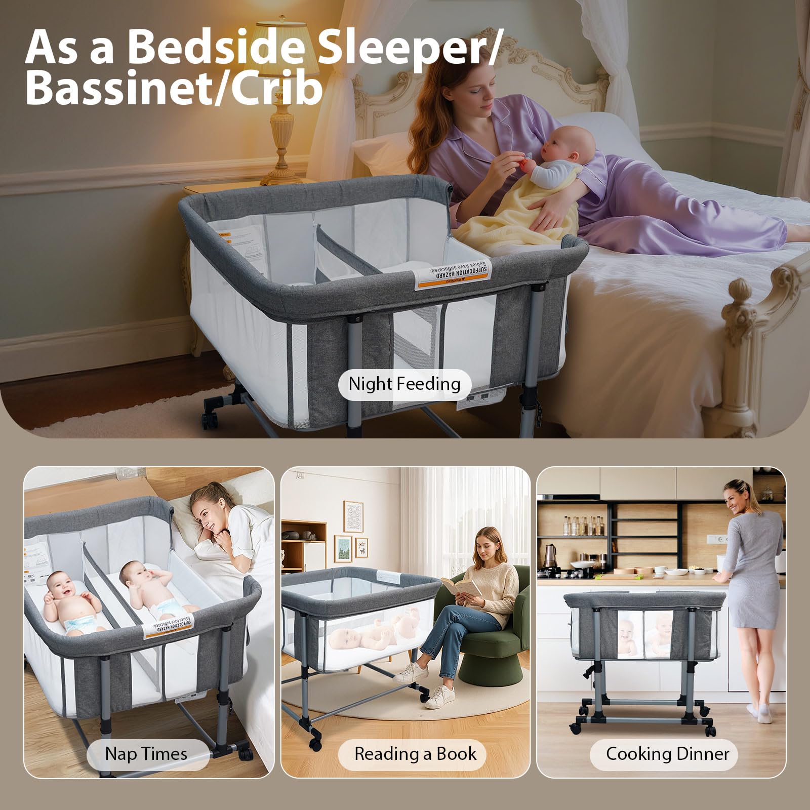 Cheermomo twin bassinet full mesh sides for breathable visibility and airflow