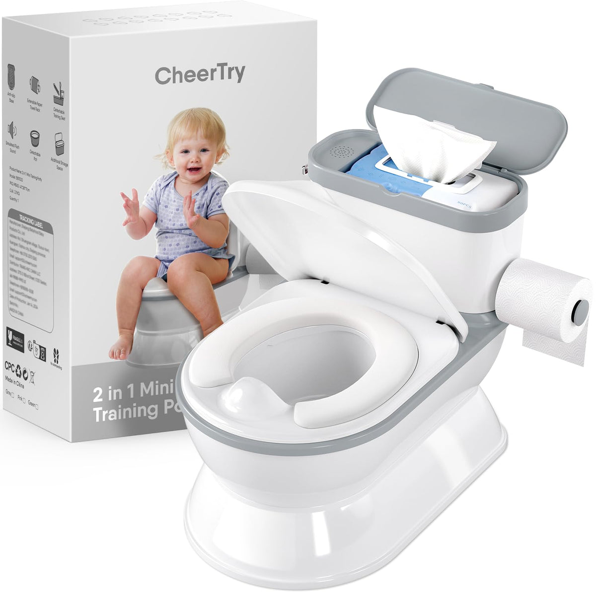 CheerTry 2-in-1 potty chair with flushing sound supports toddler toilet training.