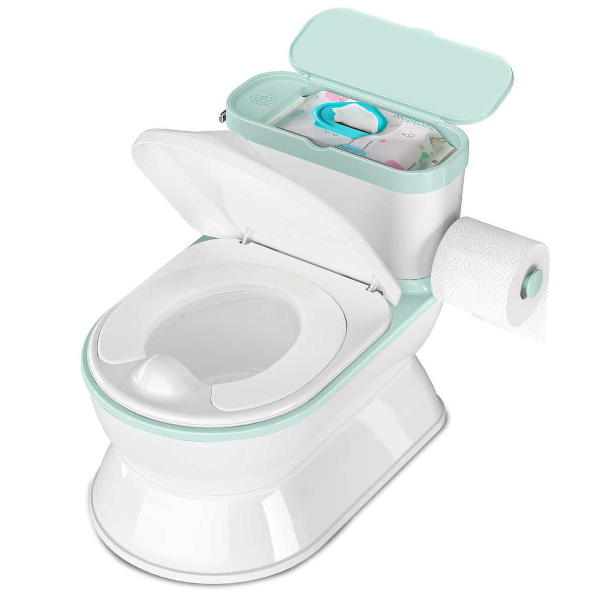 CheerTry 2-in-1 toddler potty front cyan view showcases kid-friendly design for confident bathroom visits.