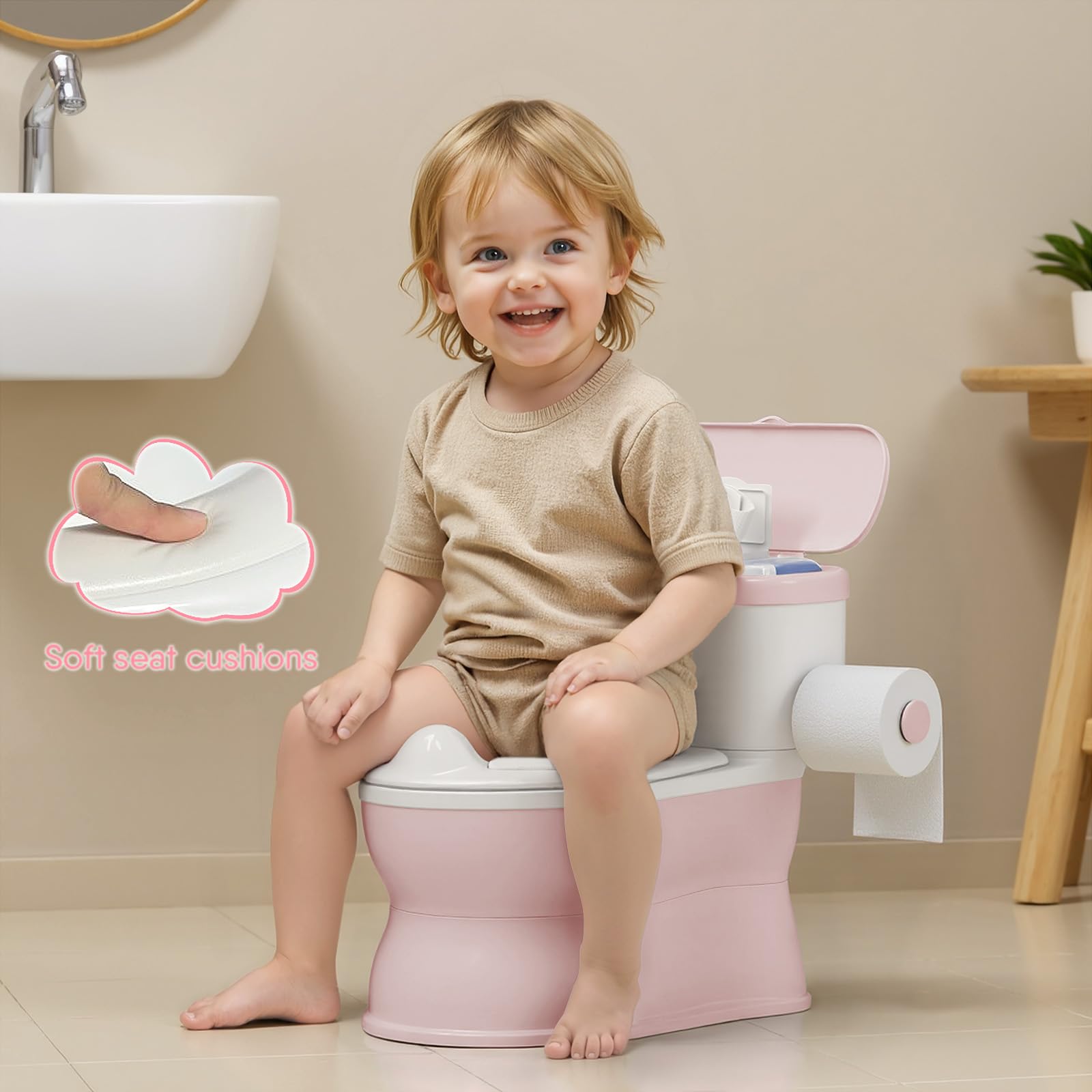 CheerTry 2in1 potty highlighting realistic flushing sound for engaging potty time.