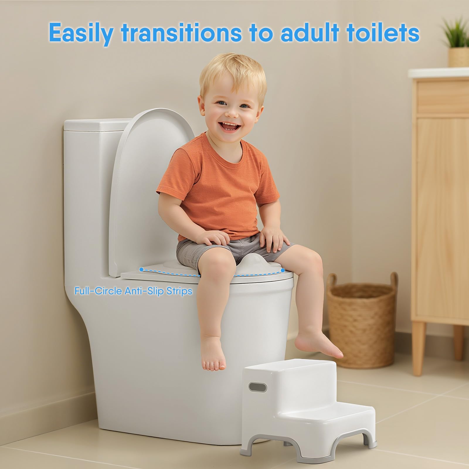 CheerTry potty two-in-one-design supports on-the-go use and simple transfer to a standard toilet.