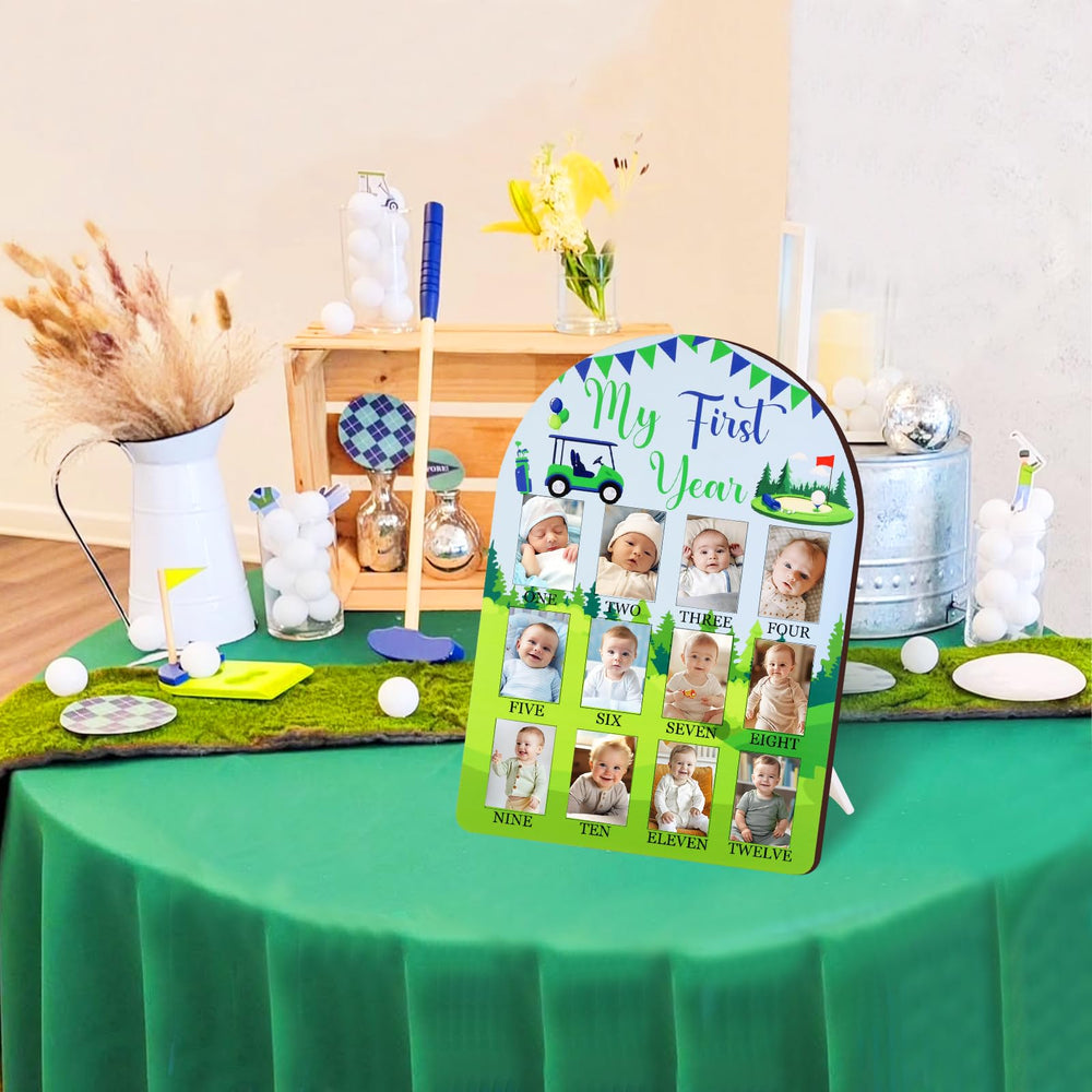 Cheerupp golf-themed my first year frame wall display demonstrates wall-hung layout for memories