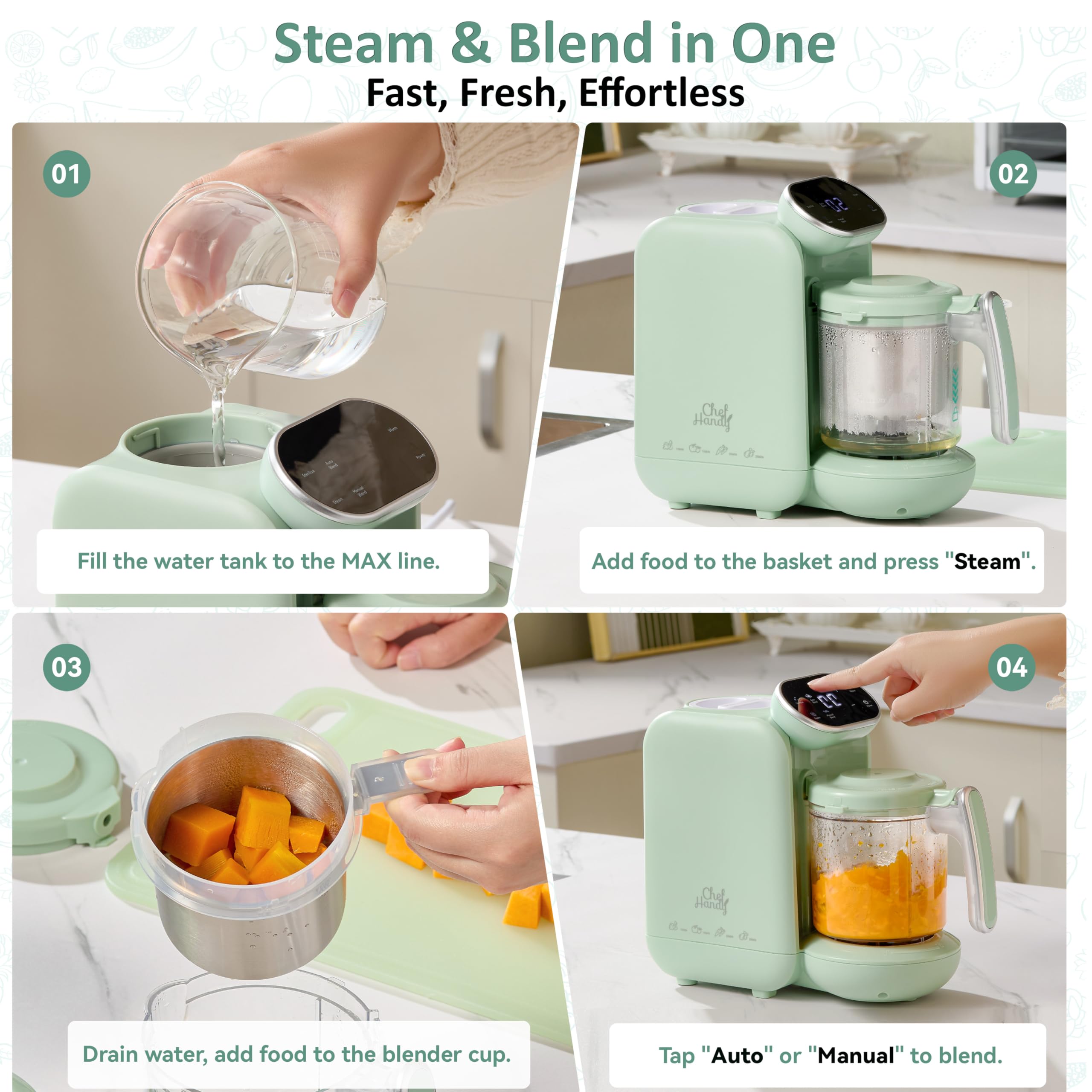 Chefhandy Baby Food Maker auto blending mode for consistent textures.
