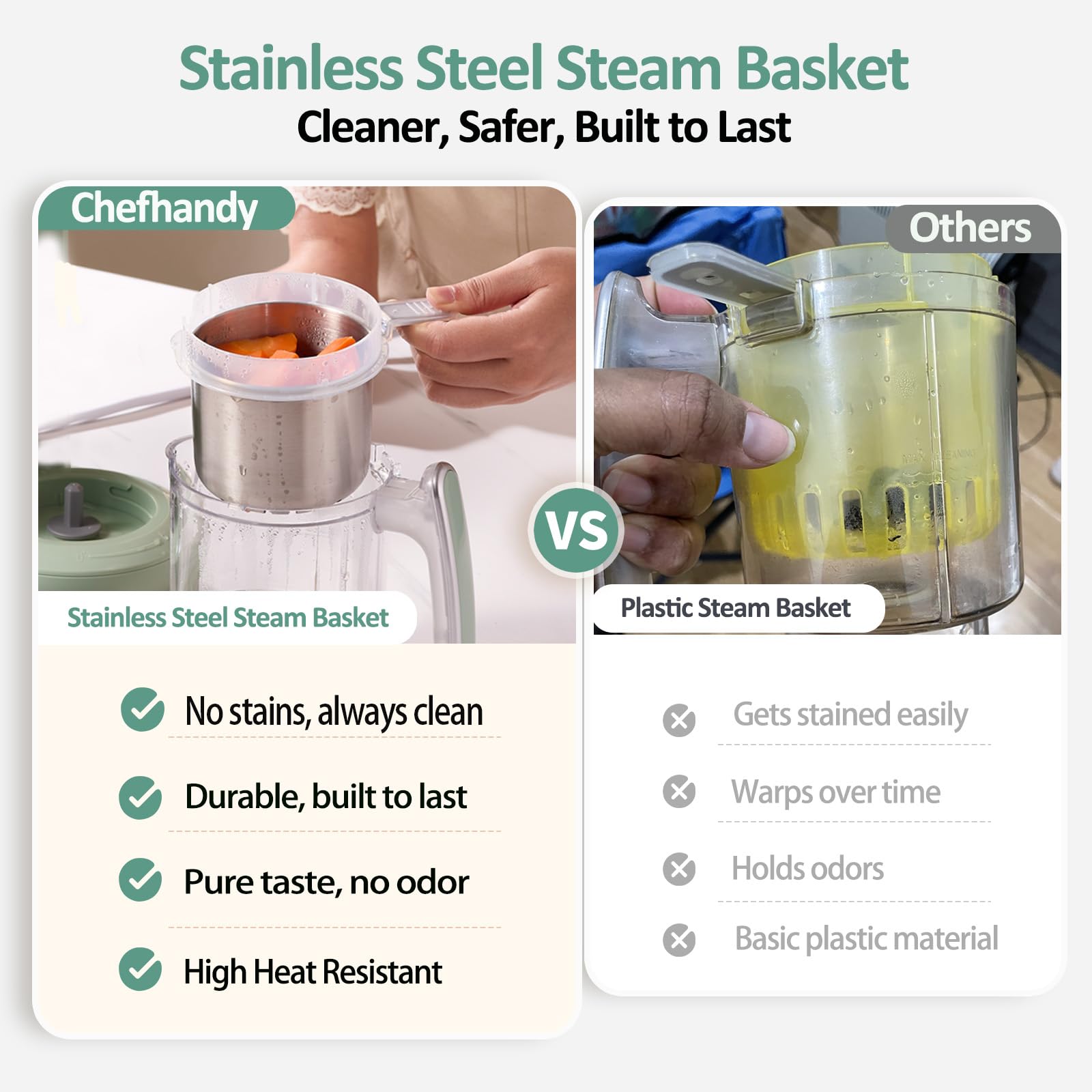 Chefhandy Baby Food Maker stainless water tank ensures steady heating and safety.