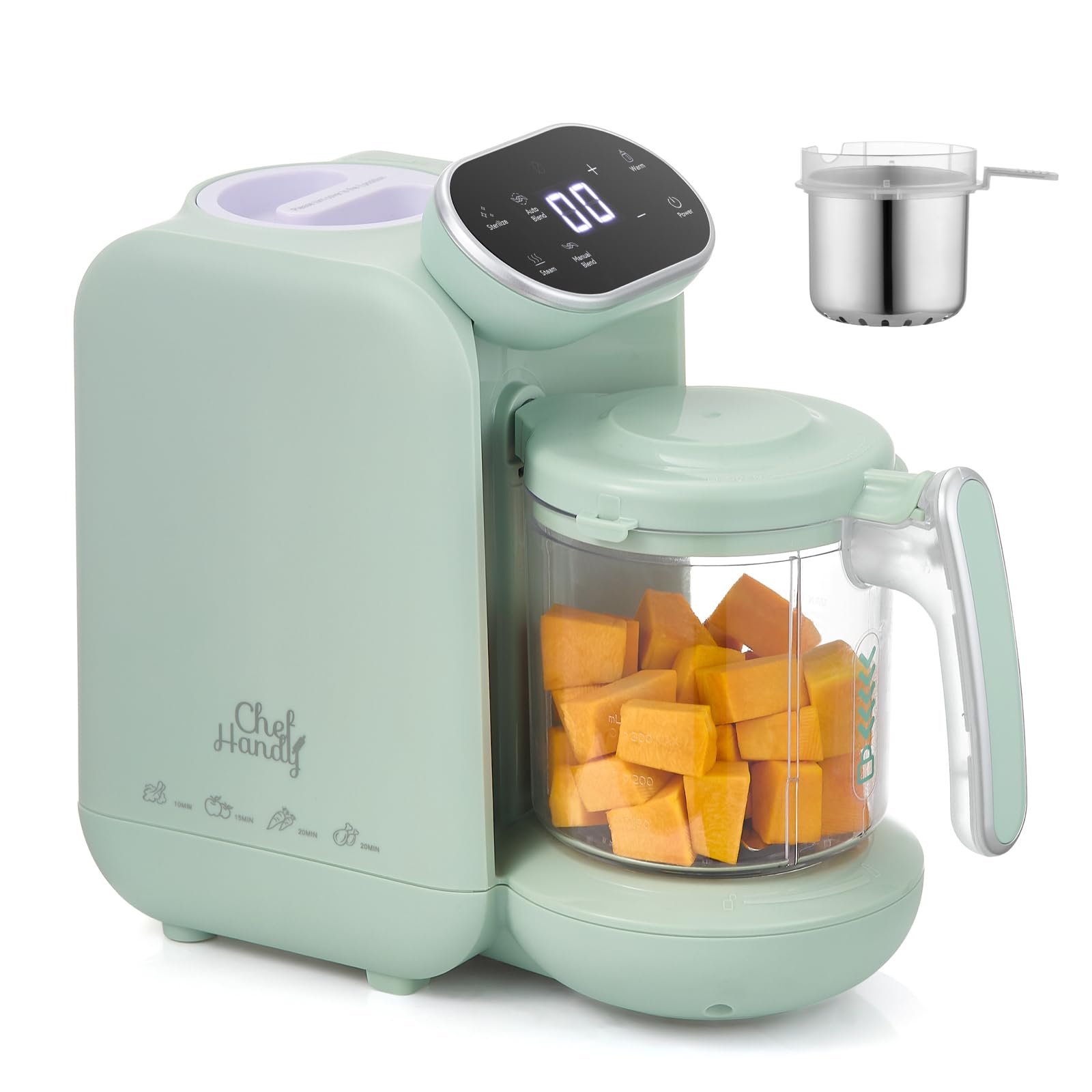 Chefhandy Baby Food Maker steam basket close-up highlighting stainless steel for safe steaming.