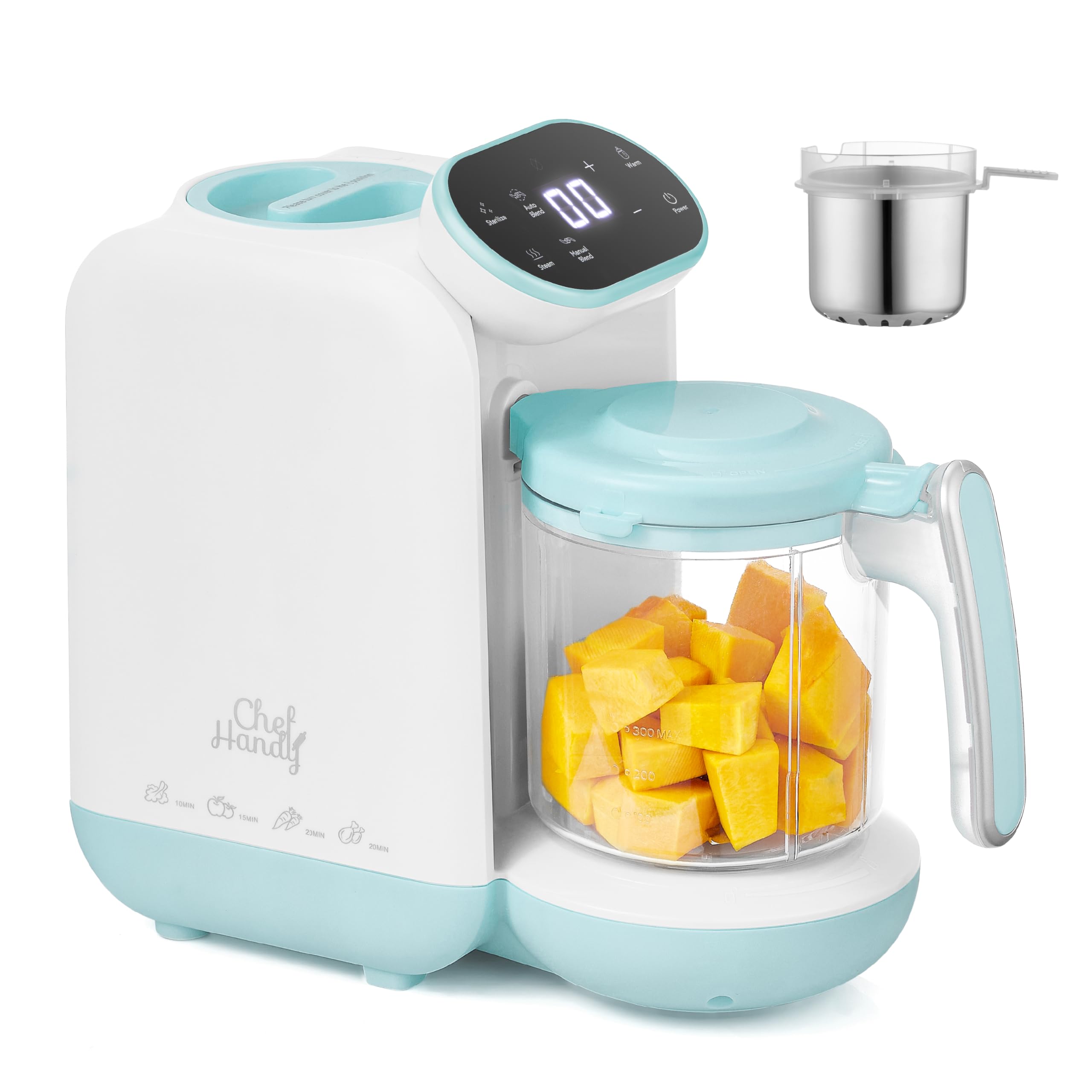 Chefhandy baby food maker-steamer-blender in action, producing smooth purees.