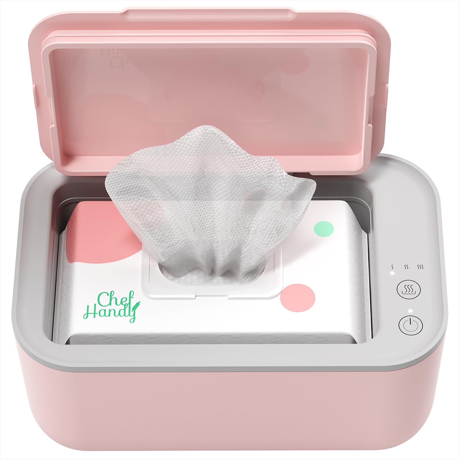 Chefhandy baby wipe warmer front view shows compact pink design for easy diaper changes.