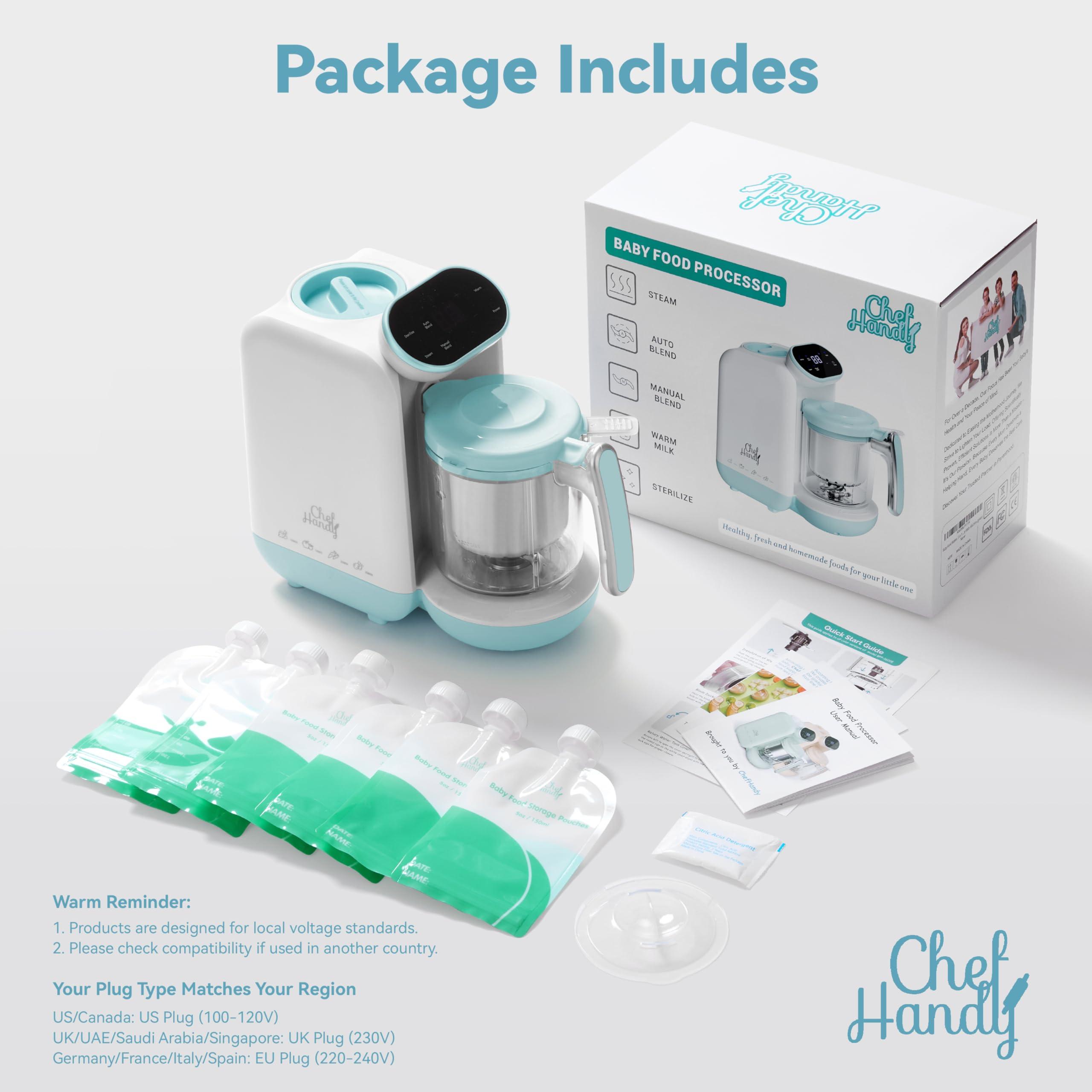 Chefhandy compact all-in-one design with included pouches for storage.