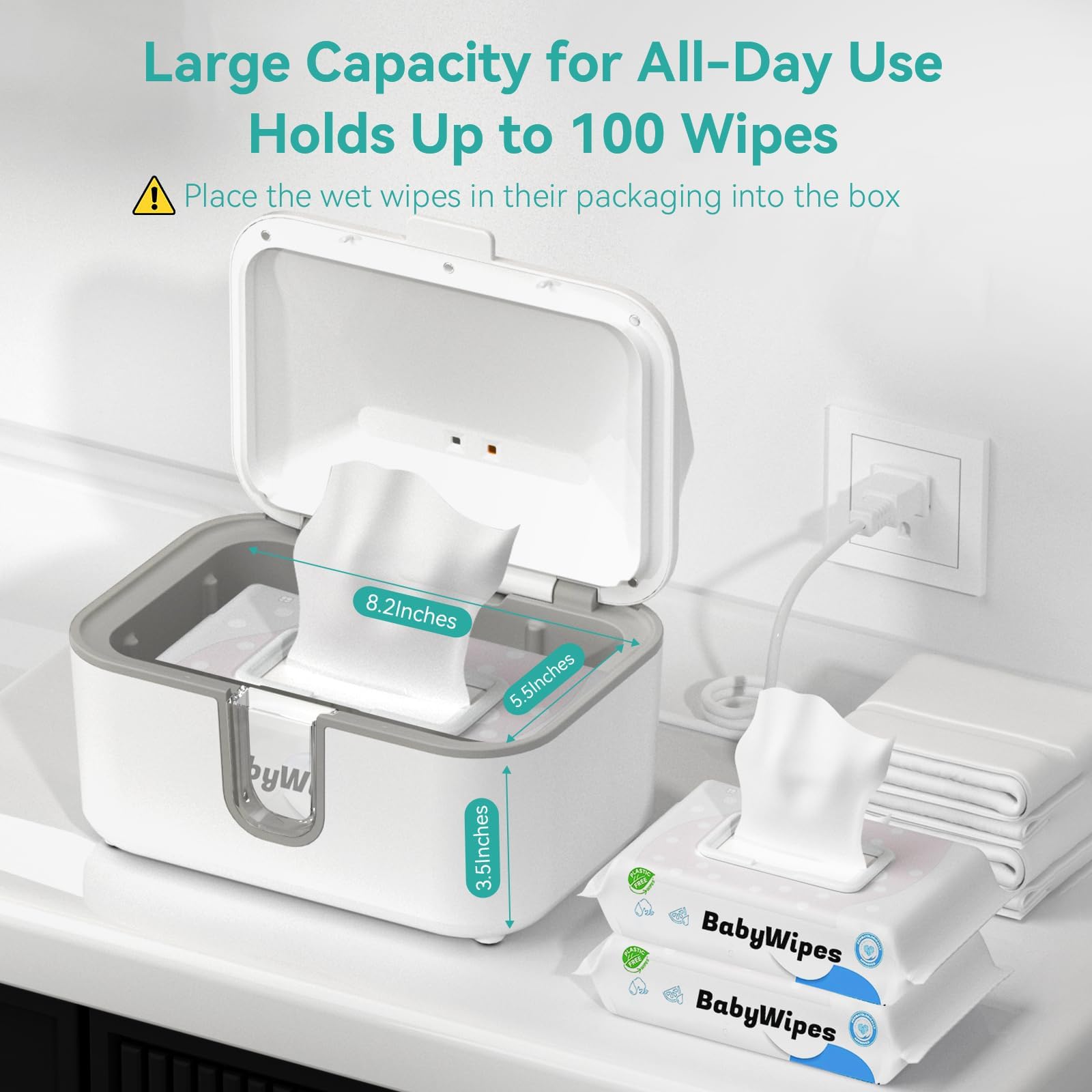 Chefhandy wipe warmer large capacity holds up to 100 wipes.