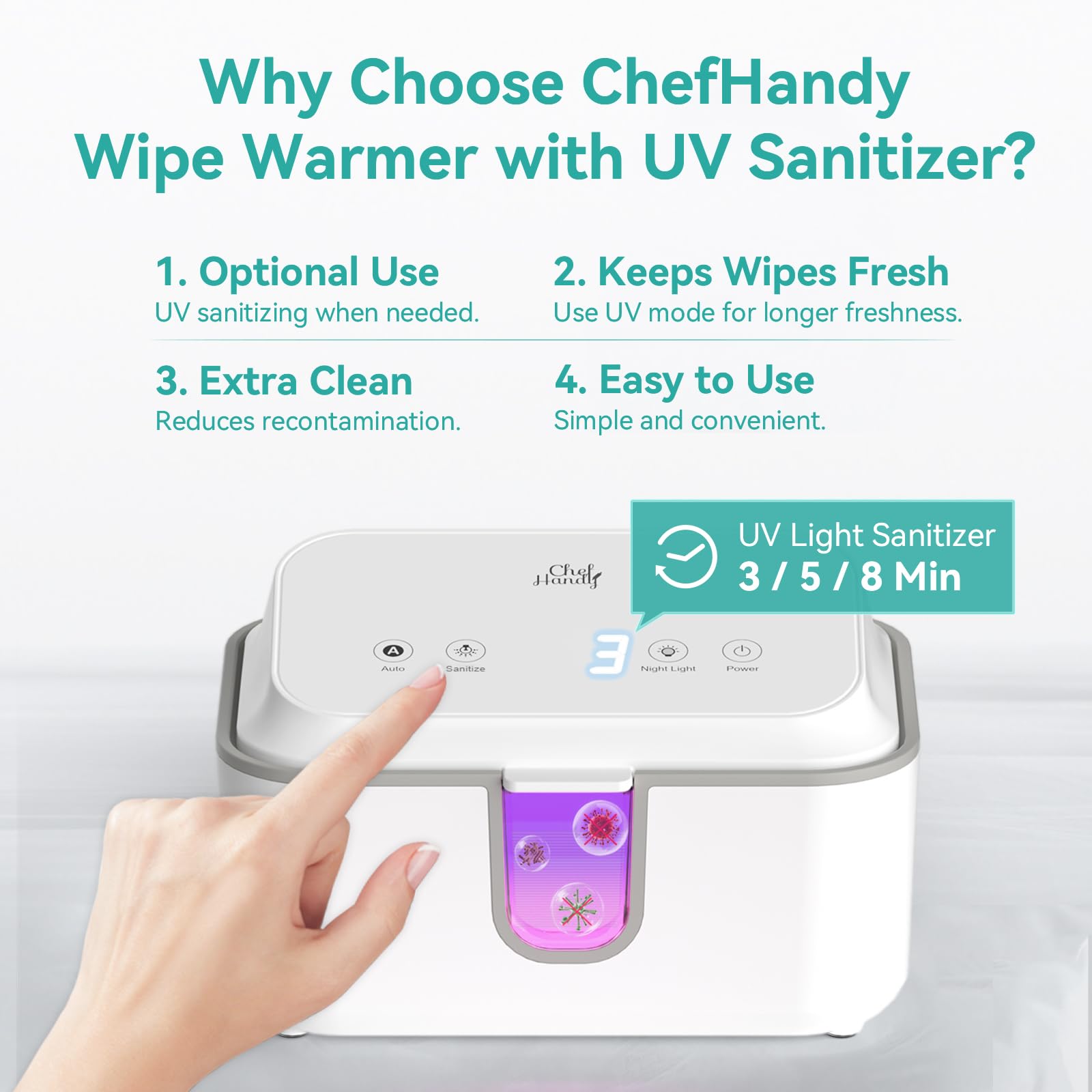 Chefhandy wipe warmer sealed lid preserves humidity for moistened wipes.