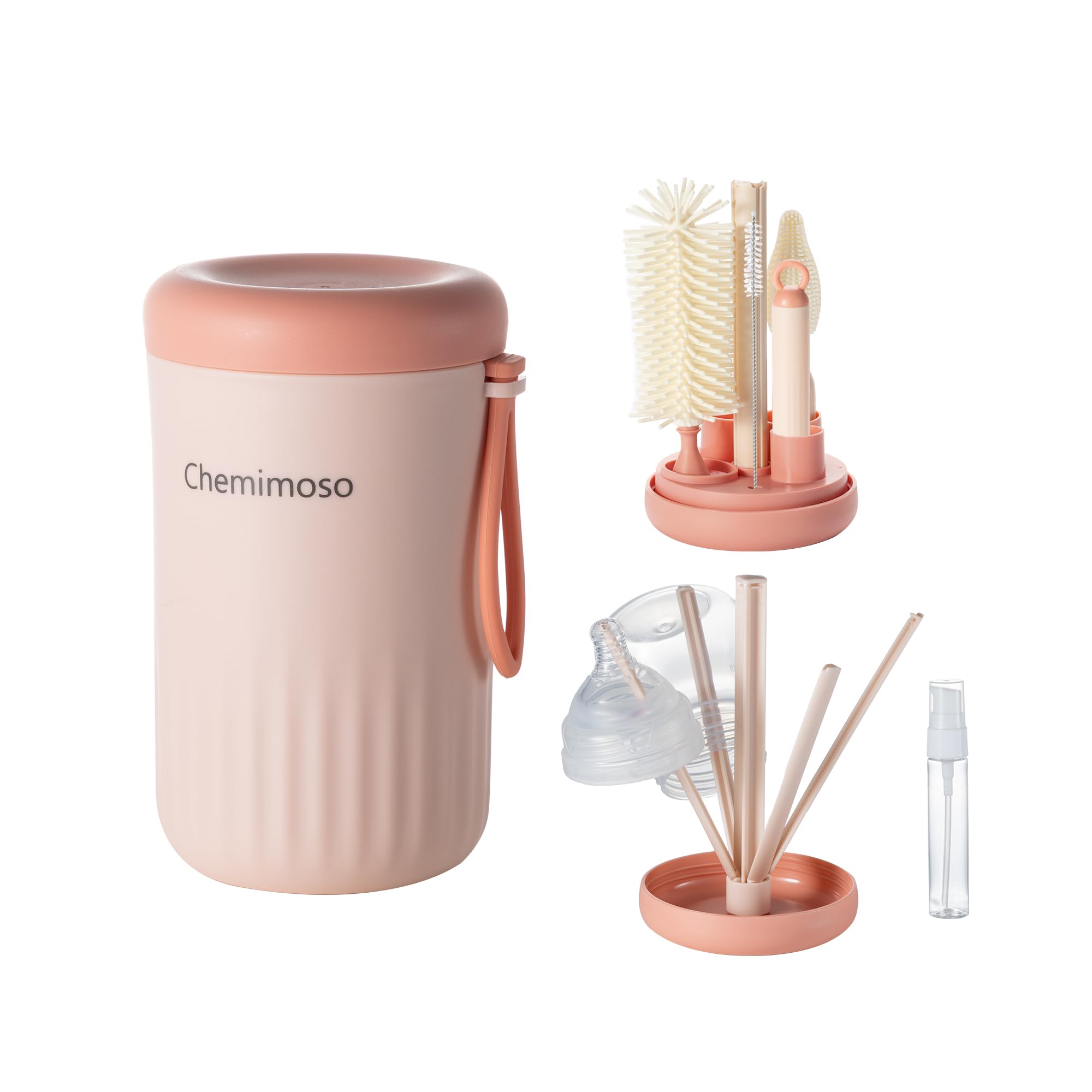 Chemimoso travel silicone baby bottle brush set, compact and travel-friendly for on-the-go cleaning.