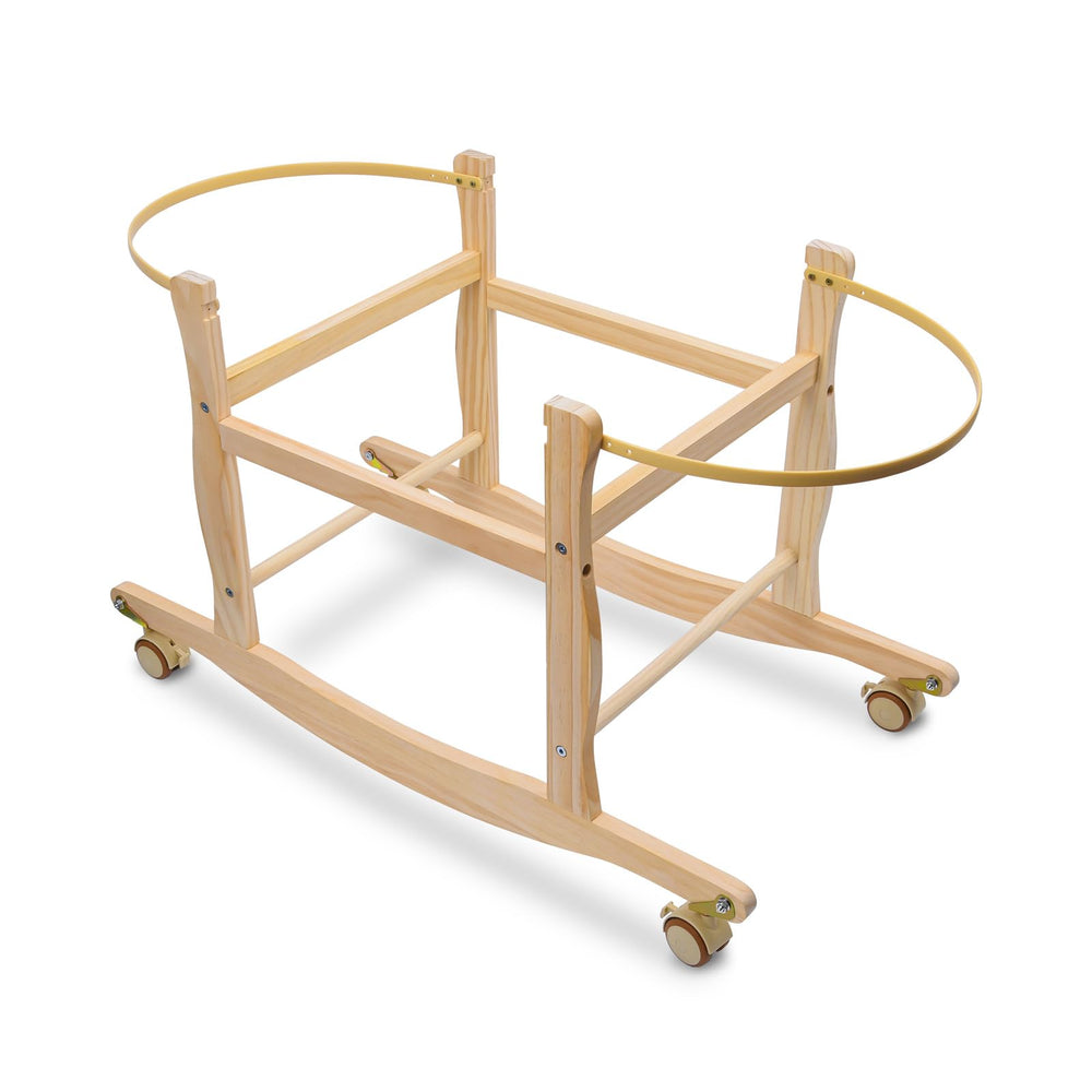 ChengFu Moses Basket Stand front view showcases sturdy wooden construction and broad compatibility.