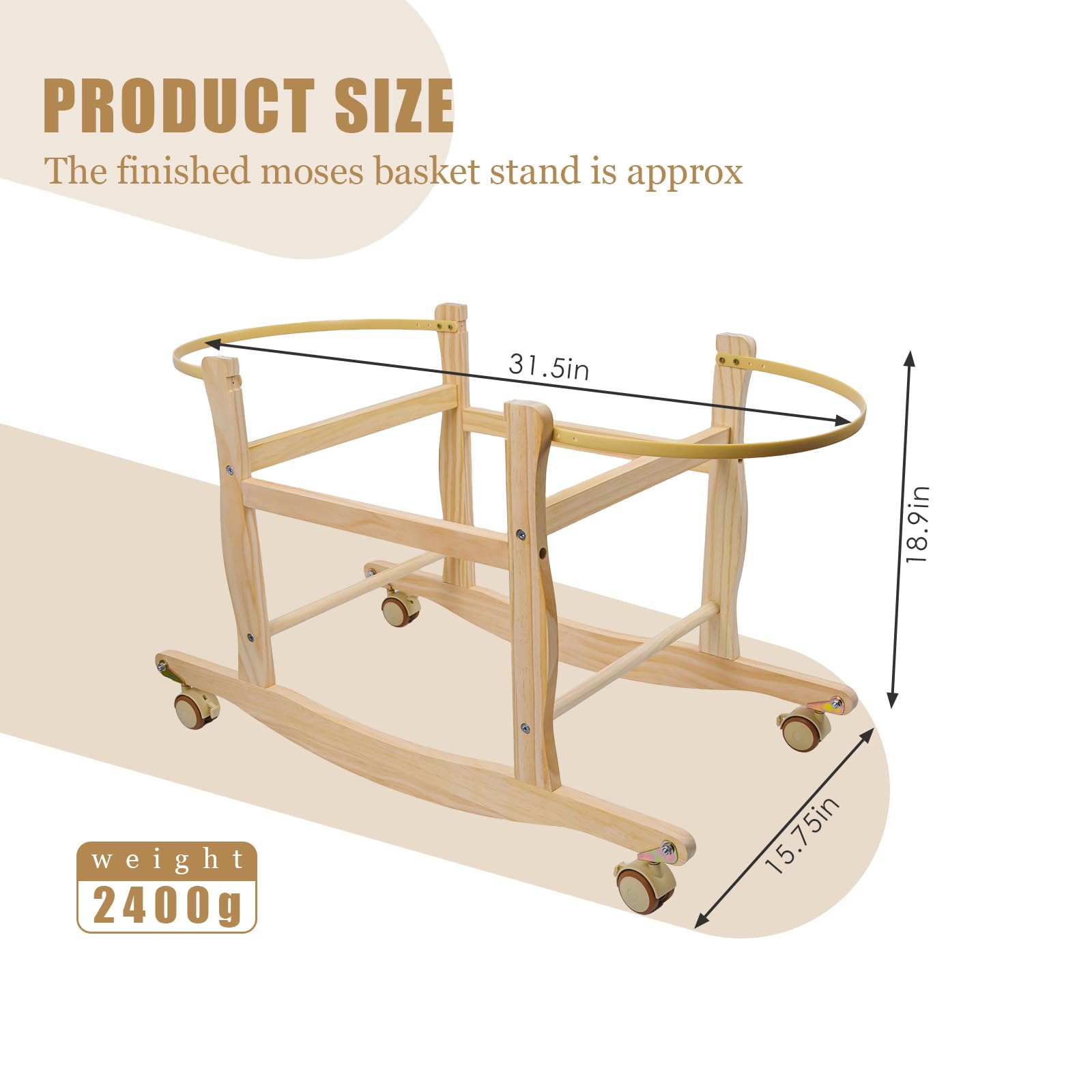 ChengFu Moses Basket Stand side view highlights smooth self-adjusting size for various bassinets.