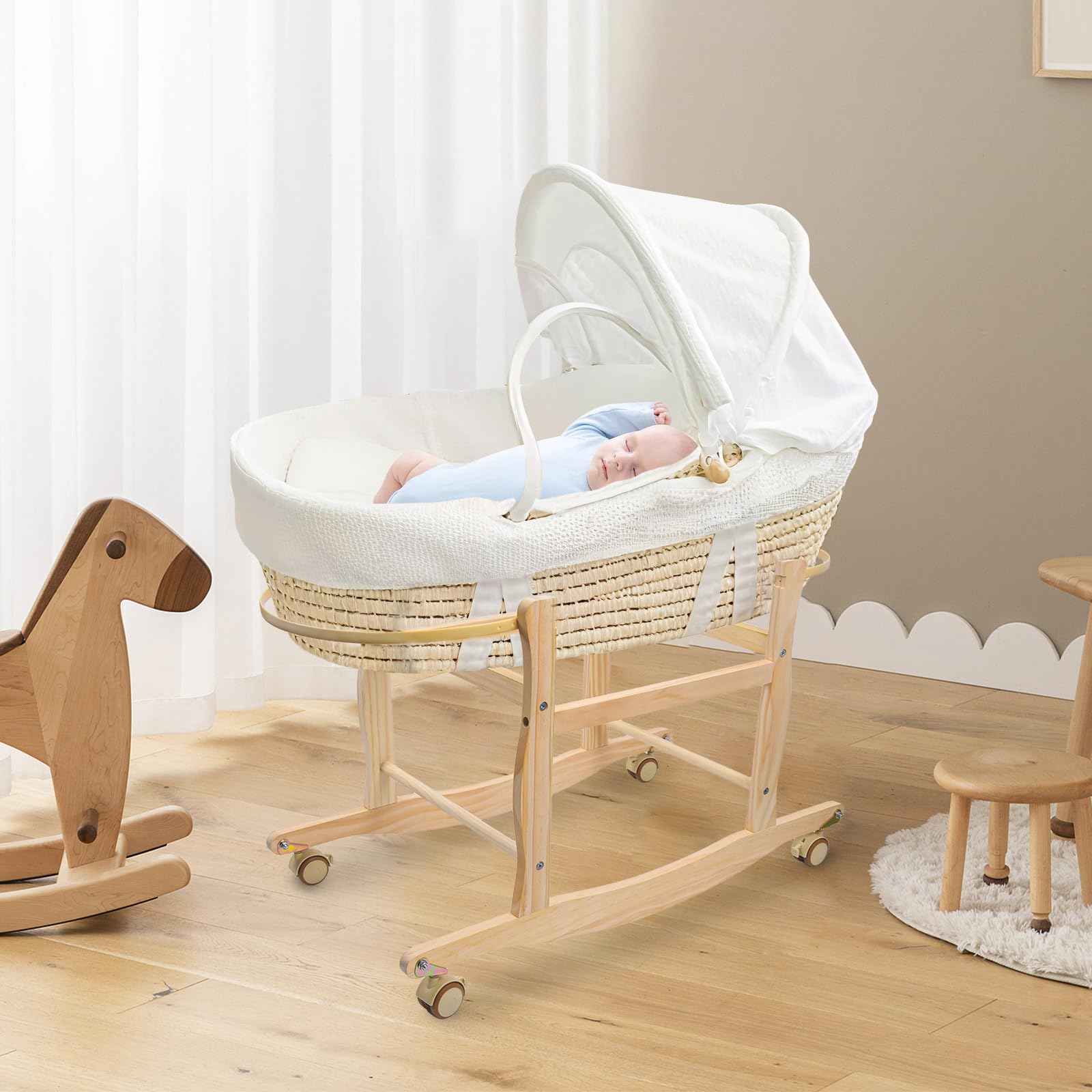 ChengFu Moses Basket Stand in-use versatility for home and travel.