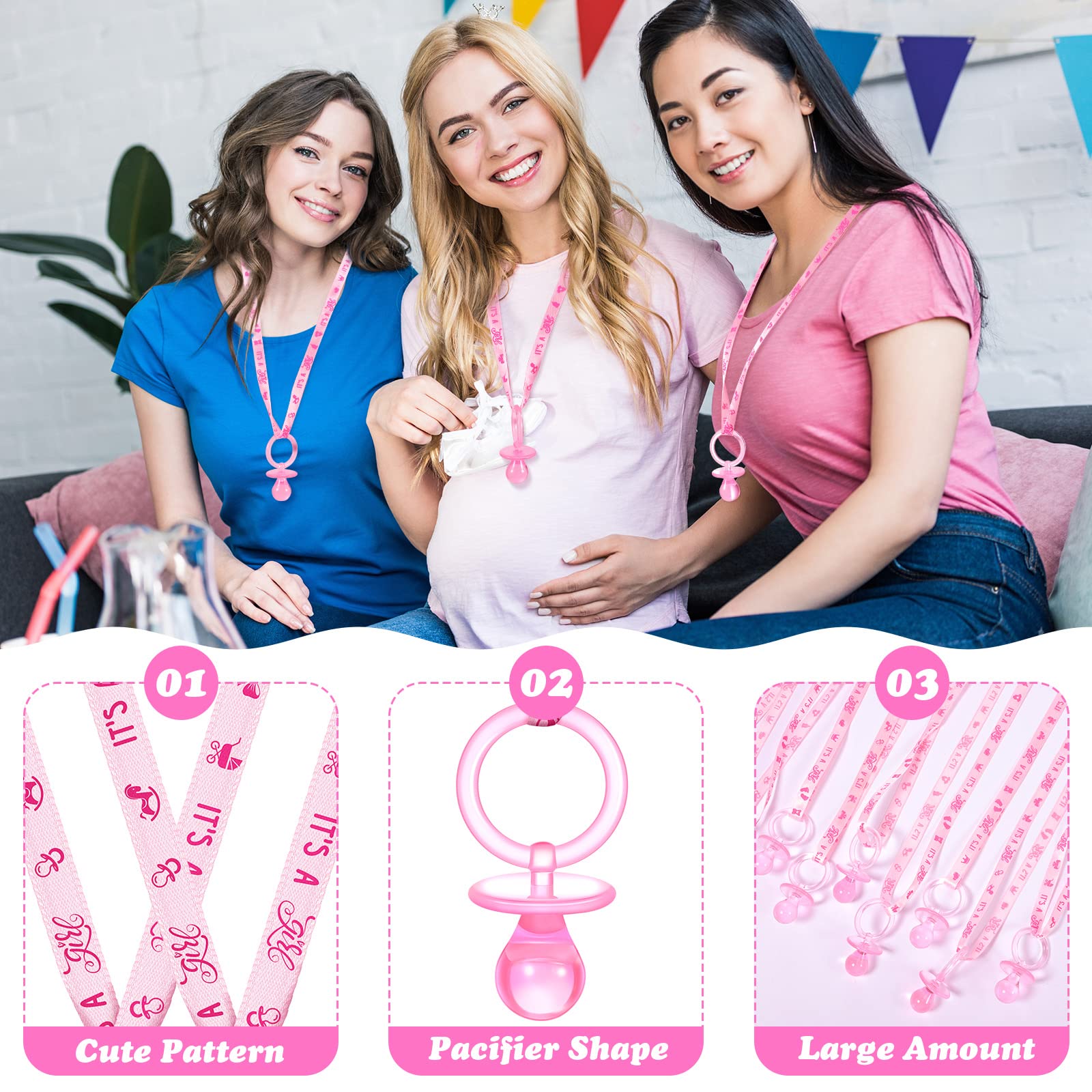 CHENGU pink acrylic pacifier necklace closeup highlights lightweight decorative accent
