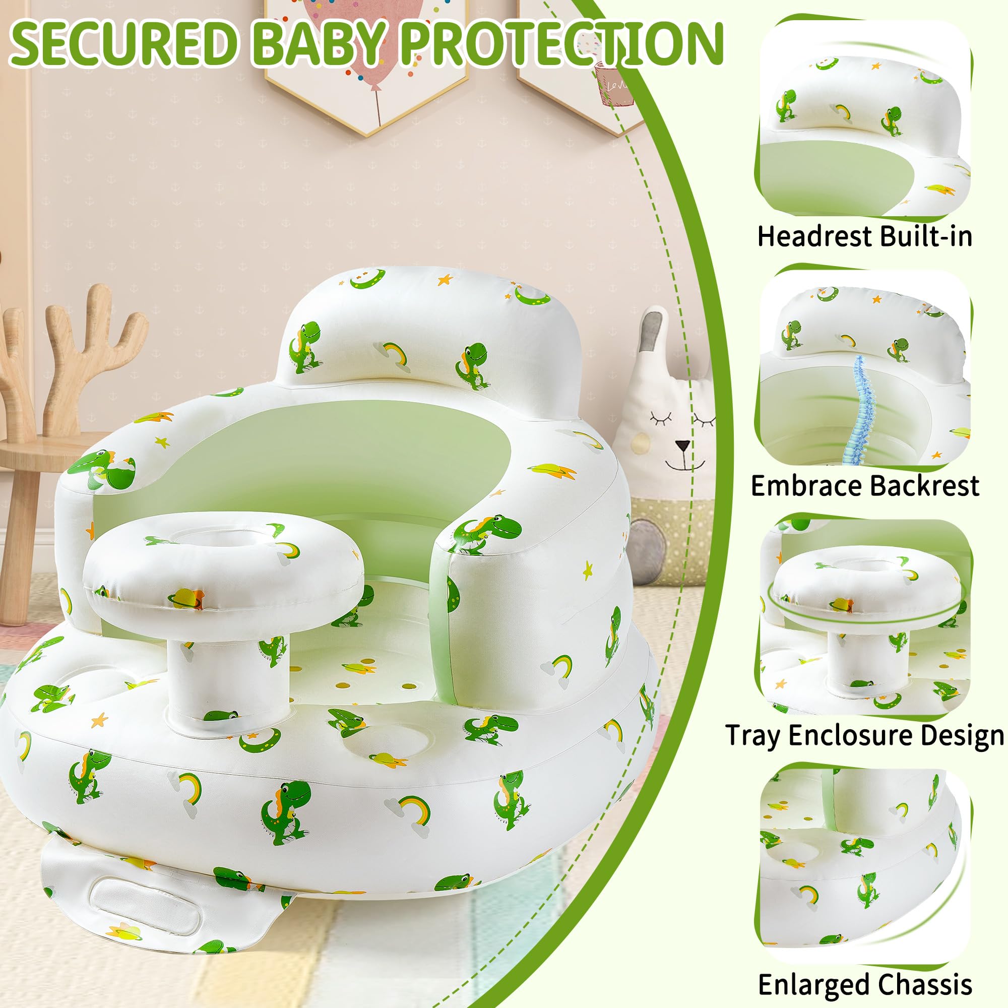 CHEPULA inflatable baby seat in use with tray for snacks.