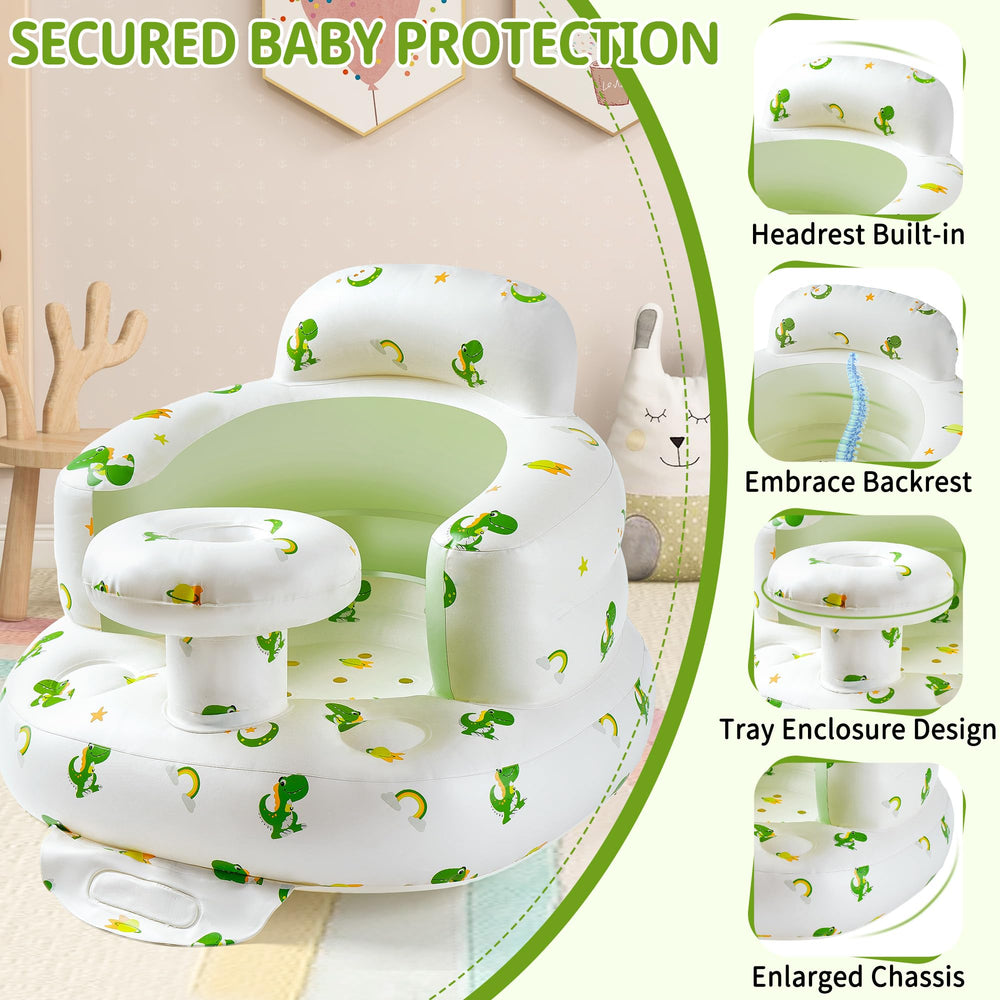 CHEPULA inflatable baby seat in use with tray for snacks.