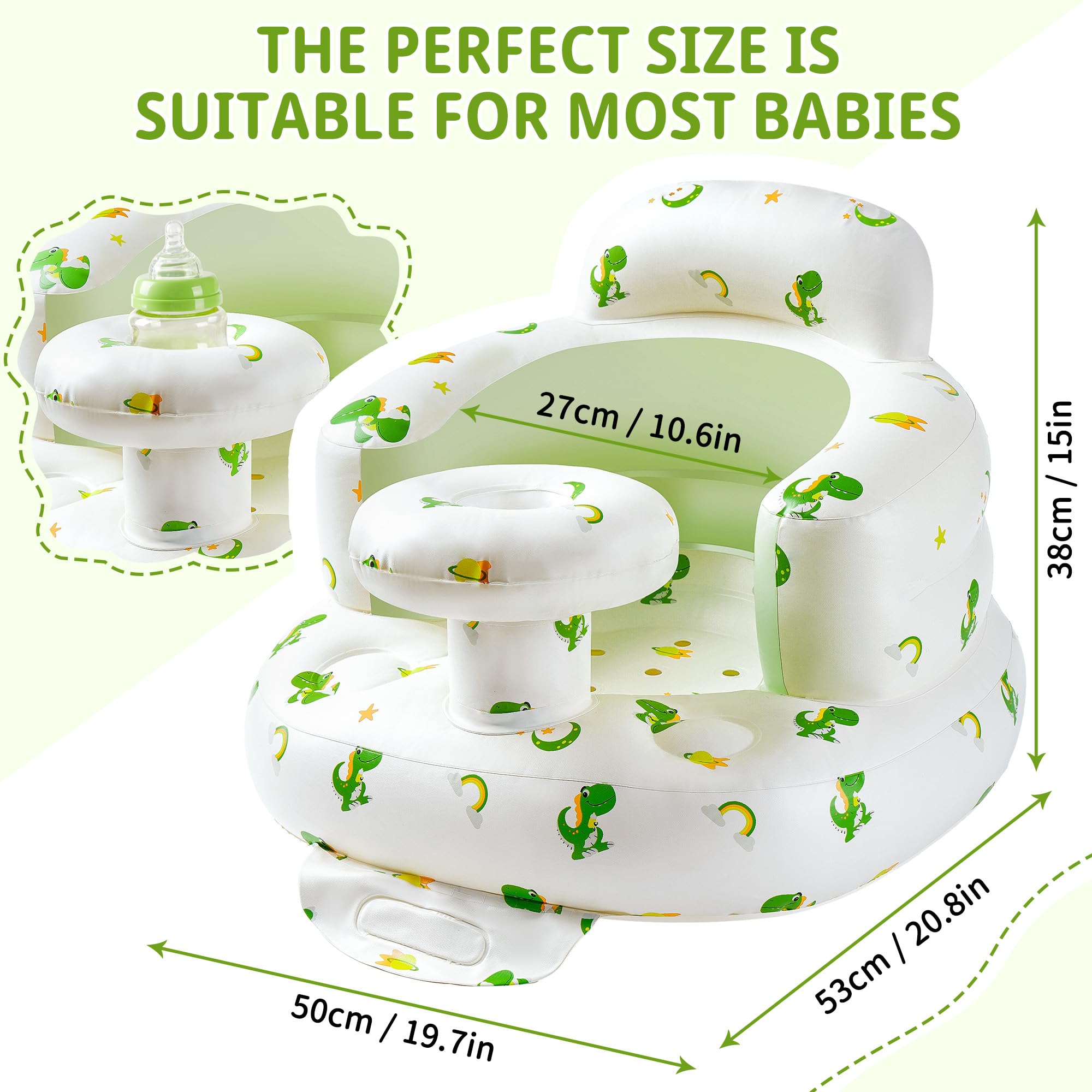 CHEPULA inflatable baby seat with dinosaur tray side view shows compact design.