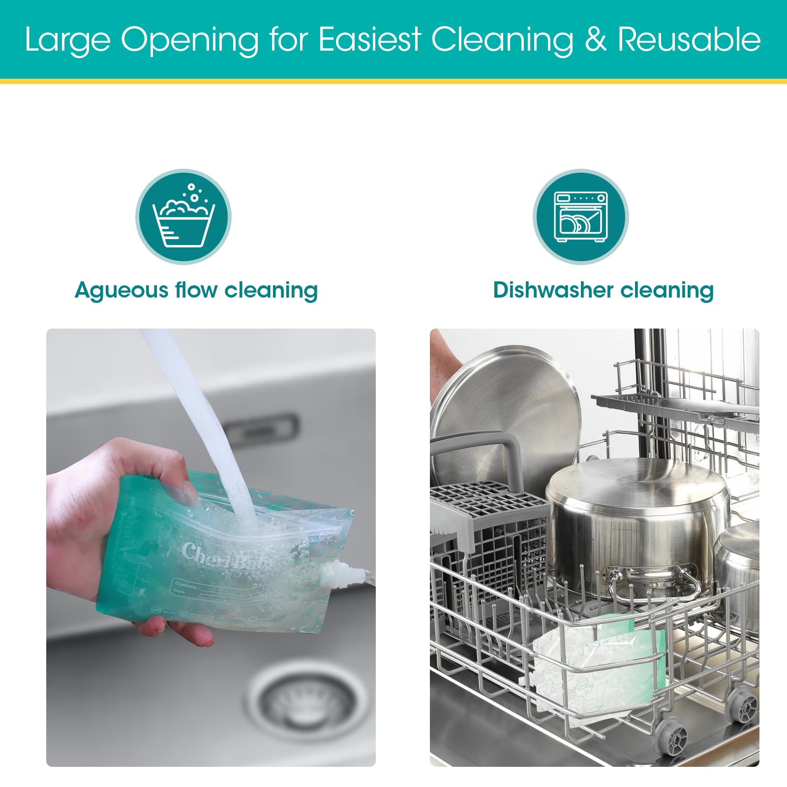 Cheri Baby dishwasher-safe pouch cleans quickly after snacks and meals.