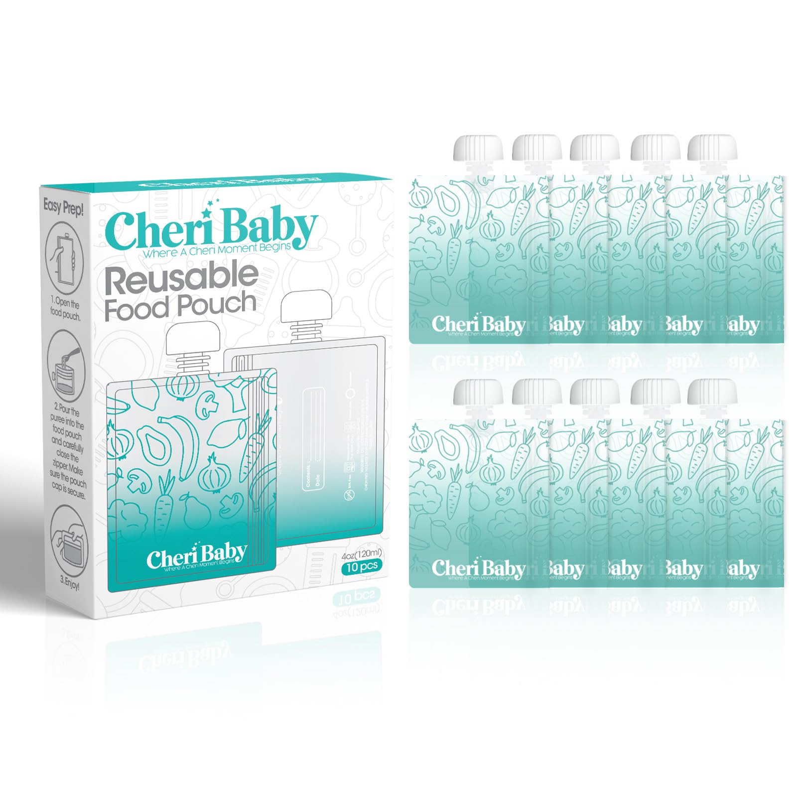 Cheri Baby reusable pouches standup design for mess-free filling and quick prep.