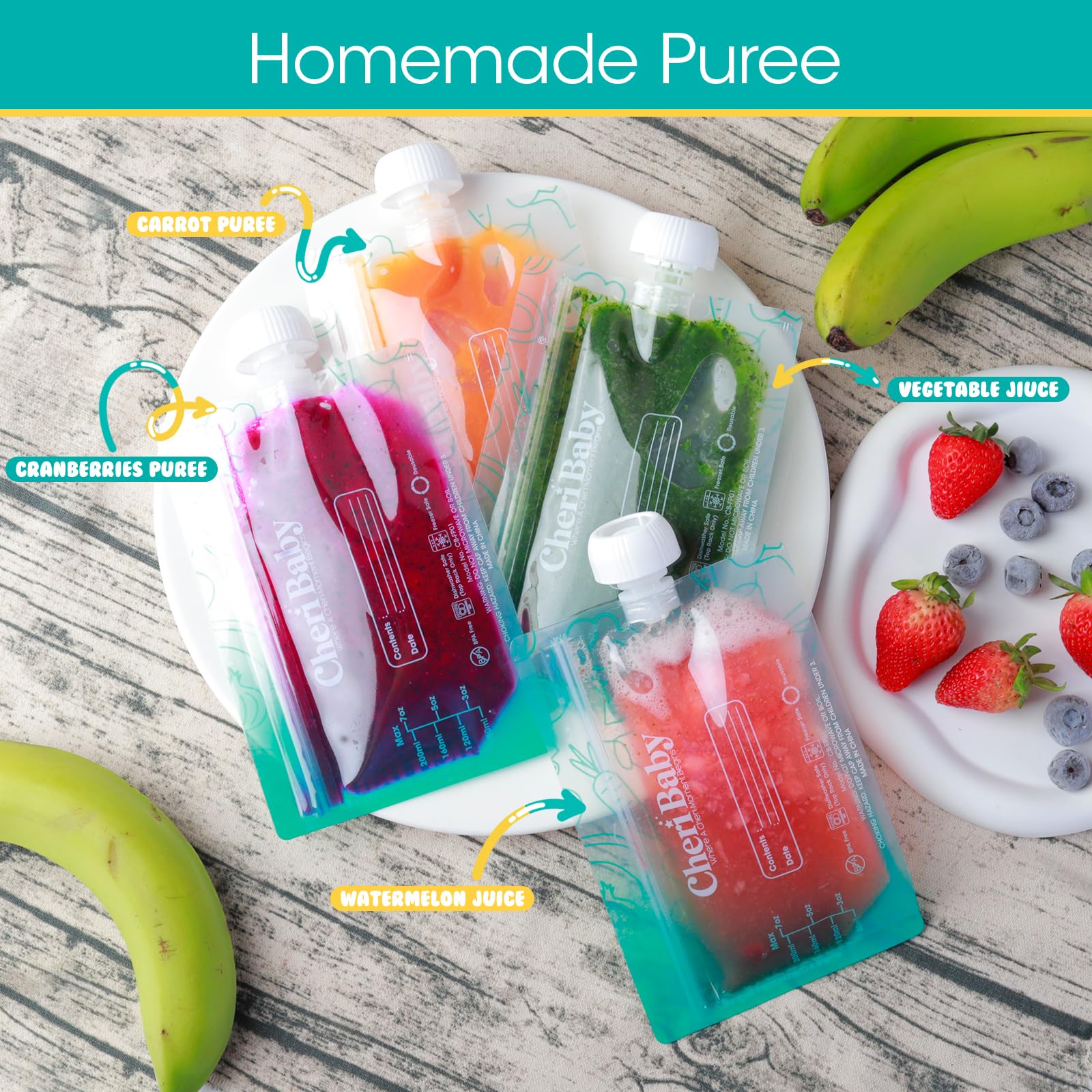 Cheri Baby pouch with wide opening makes filling yogurt or applesauce easy.