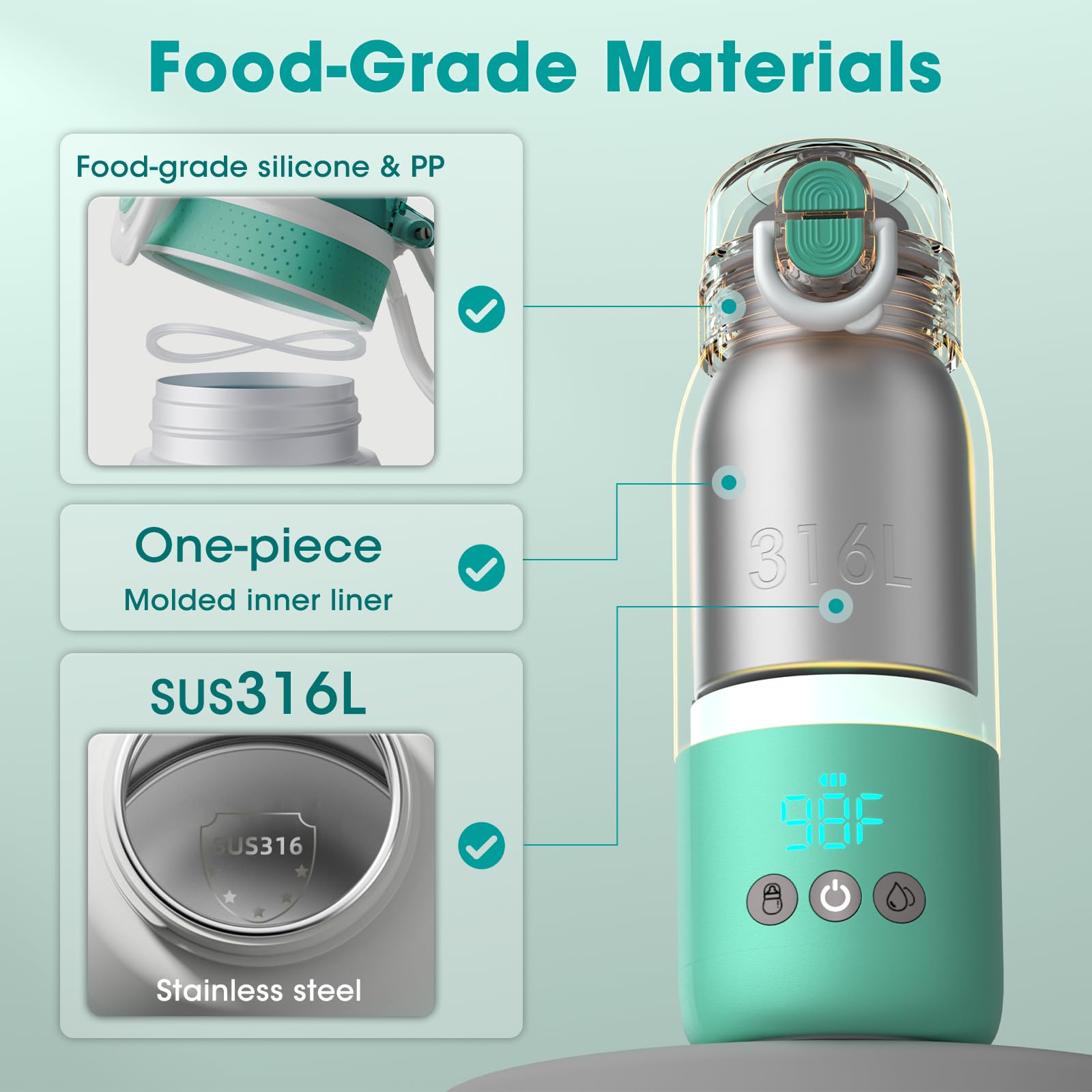 Cheri Baby Bottle Warmer Travel Mint Glow, compact design fits cupholders and bags.