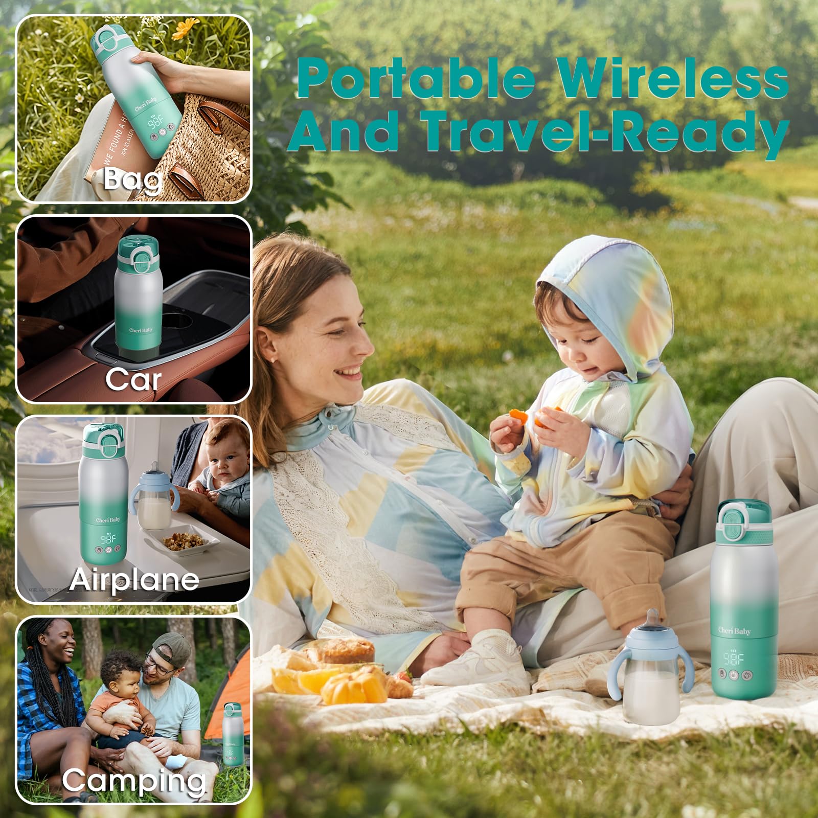 Cheri Baby Bottle Warmer Travel Mint Glow, SUS316 stainless steel and food-grade materials.