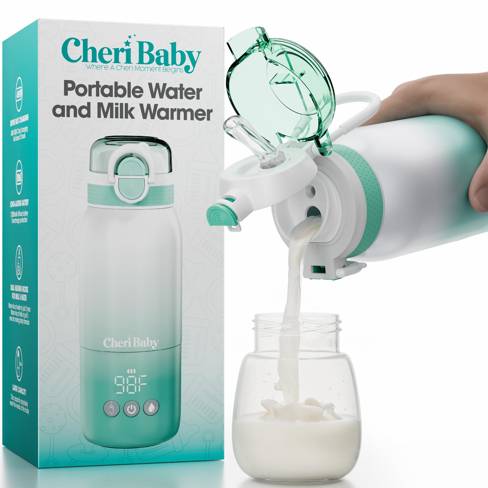 Cheri Baby Bottle Warmer Travel Mint Glow, travel-friendly setup for outings and overnight stays.