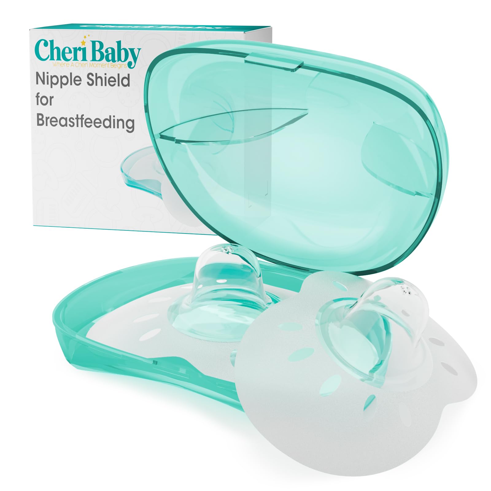 CheriBaby nipple shield close-up shows soft silicone for comfortable latch support during feeds.