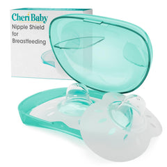 CheriBaby nipple shield close-up shows soft silicone for comfortable latch support during feeds.