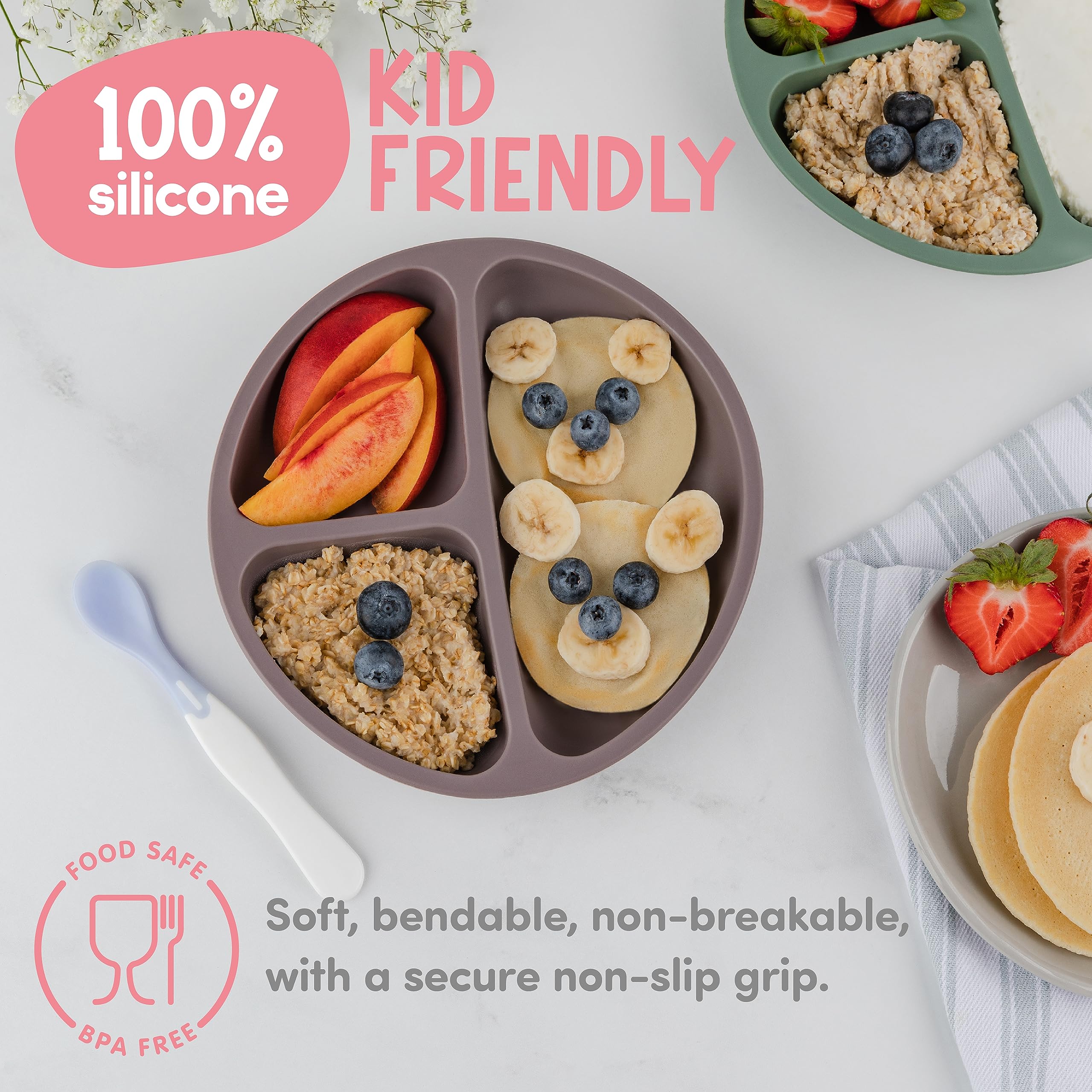 ChériKid silicone divided design promotes self-feeding and portion control.
