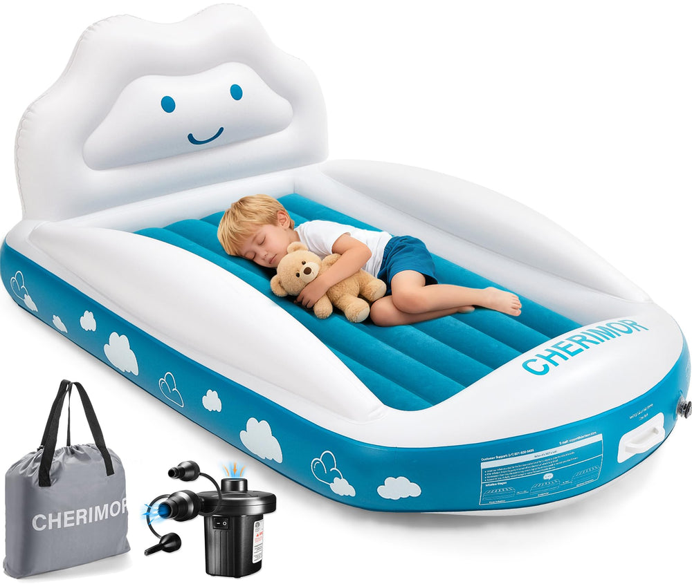 CHERIMOR inflatable toddler bed folded in carry bag for travel and storage.