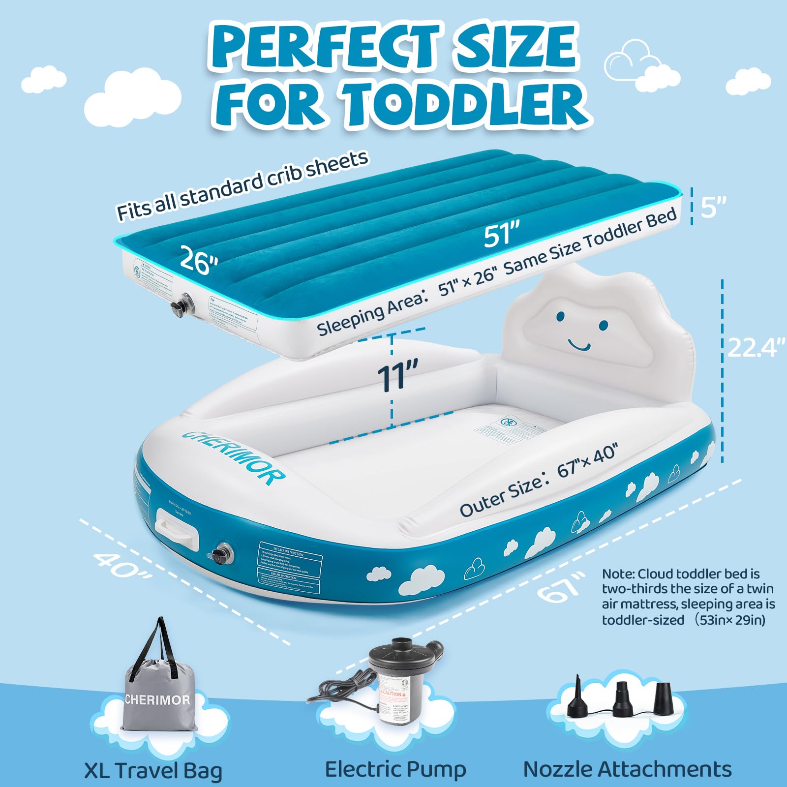 CHERIMOR inflatable toddler bed fully setup and ready for sleep.
