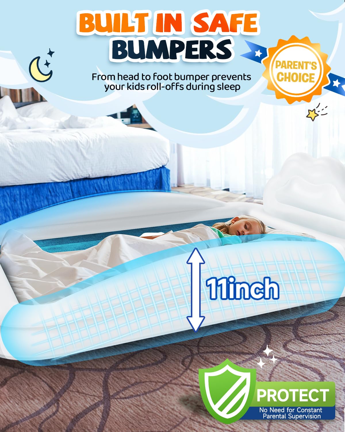 CHERIMOR inflatable toddler bed uses thick 0.42mm PVC for durability