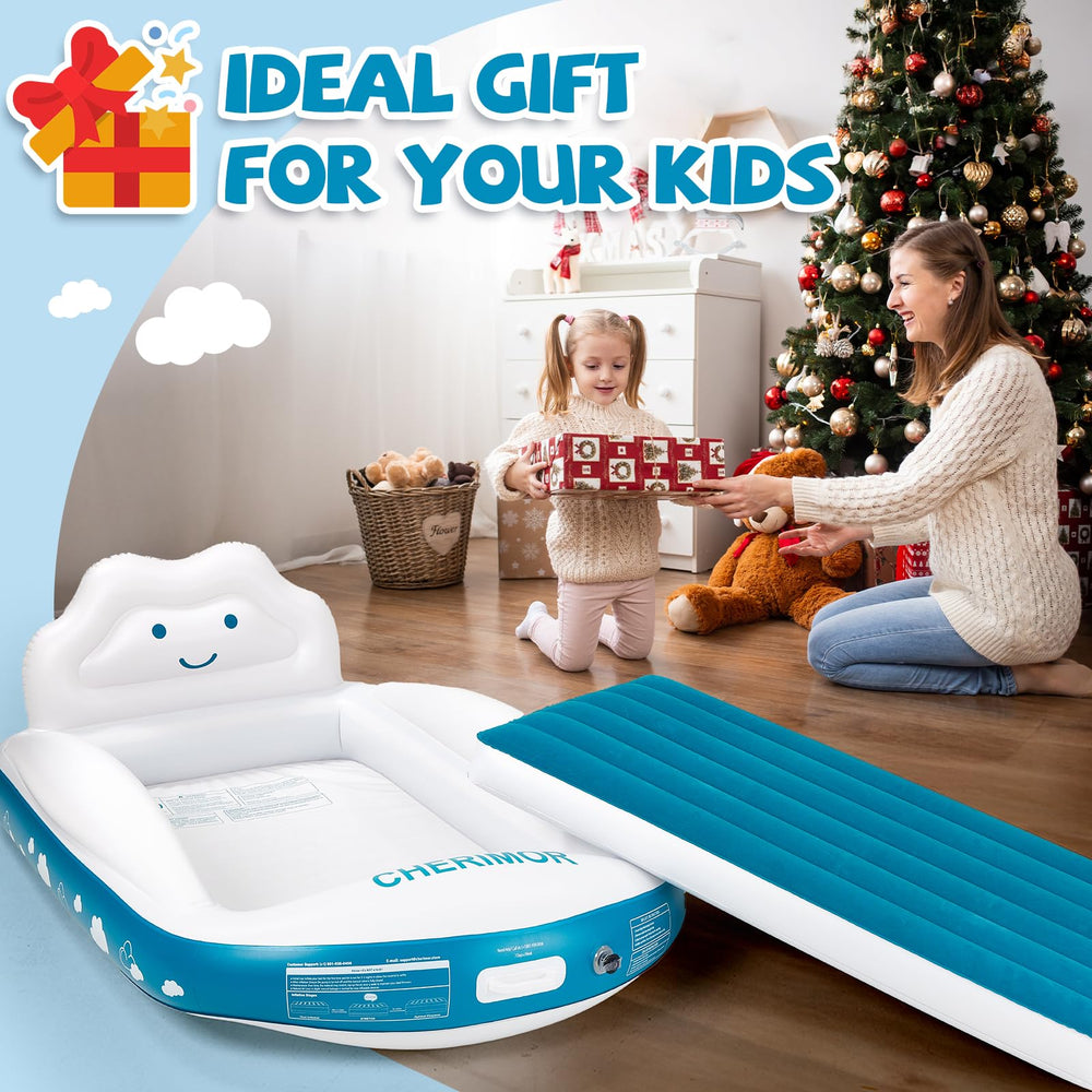CHERIMOR toddler bed with safety bumpers used during travel.