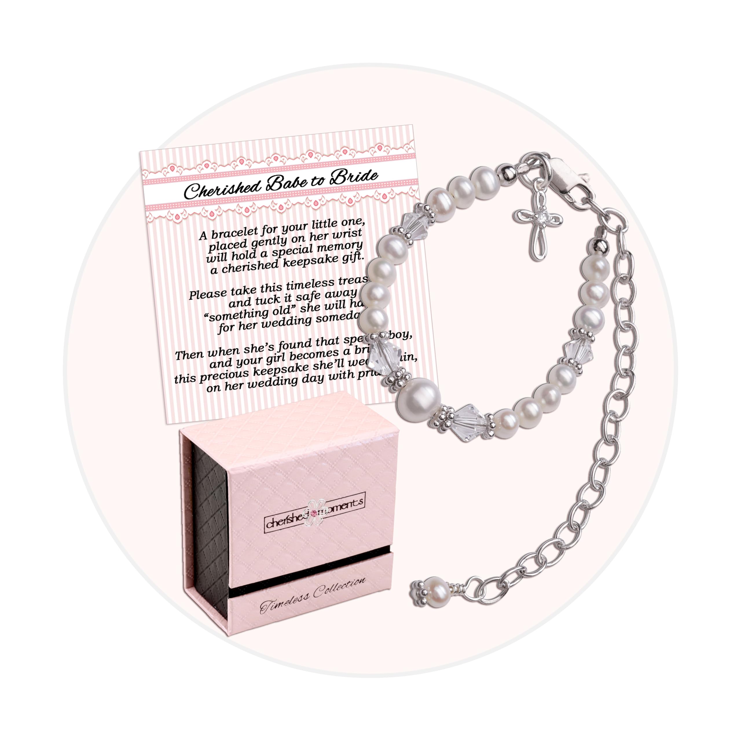 Cherished Moments Babe to Bride cross bracelet close-up beads highlights craftsmanship for a baby keepsake