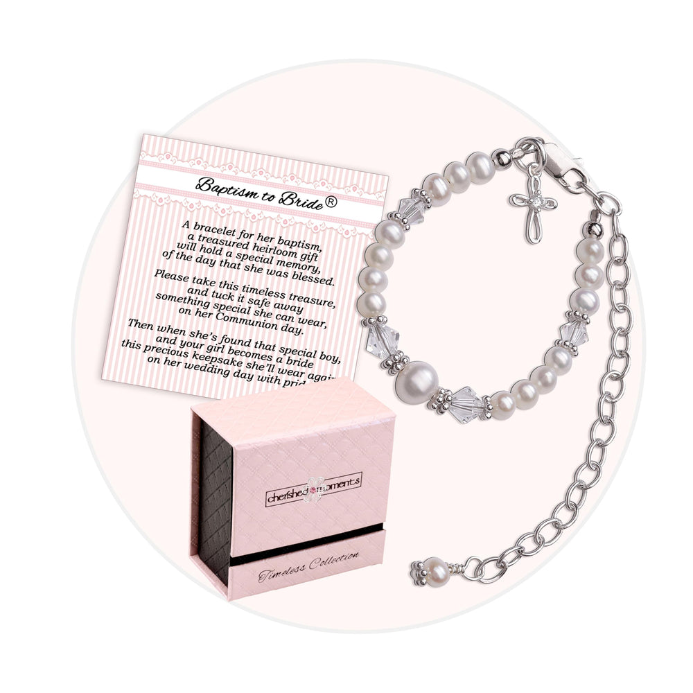 Cherished Moments Baptism Bracelet front view highlights cultured pearls for a timeless keepsake