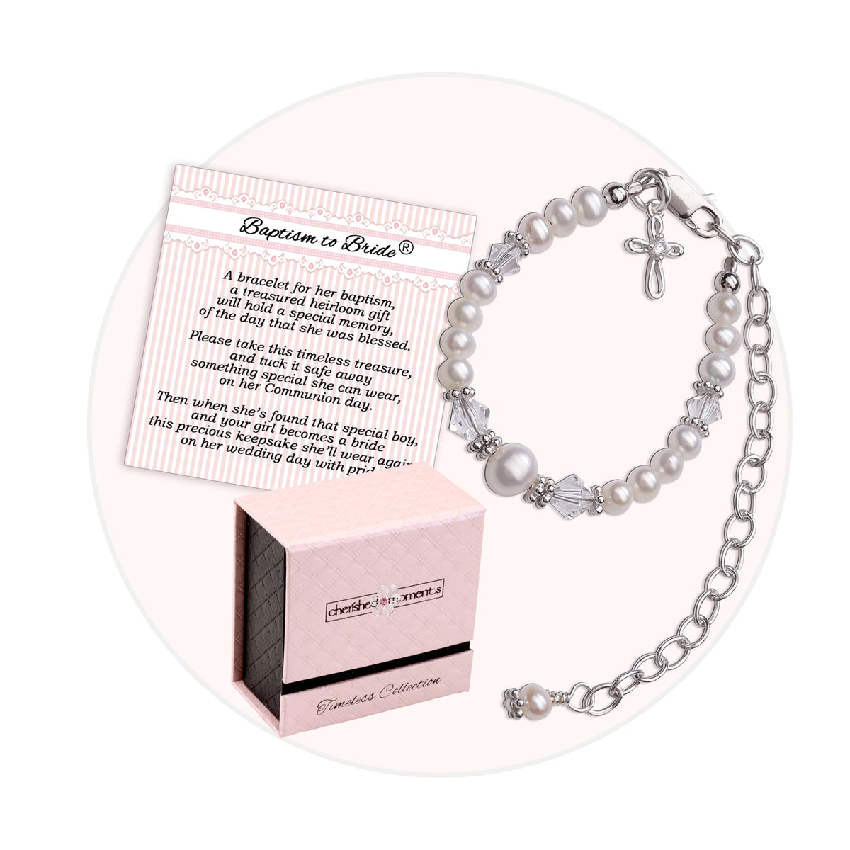 Cherished Moments Baptism Bracelet front view highlights cultured pearls for a timeless keepsake