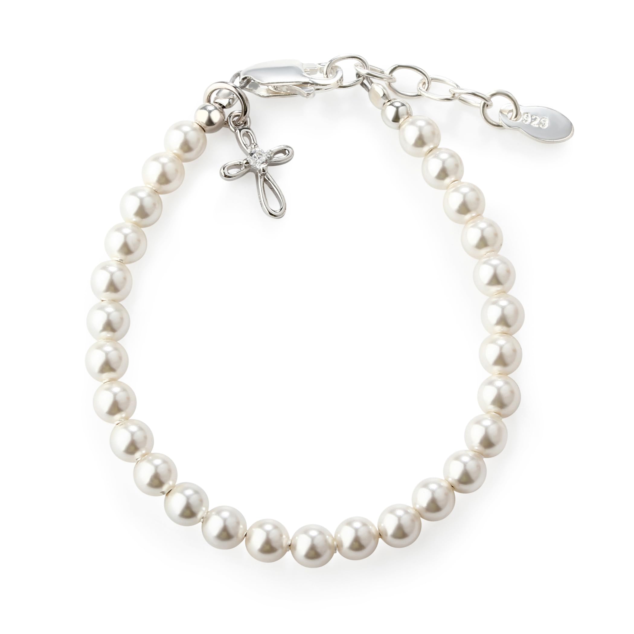 Cherished Moments cross bracelet close-up with Austrian pearls, ideal for infant christening keepsakes.