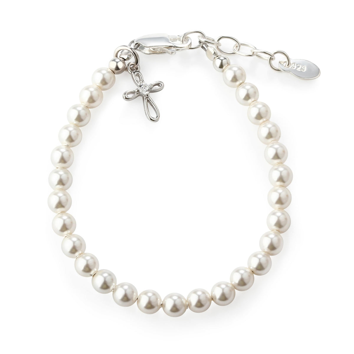 Cherished Moments cross bracelet close-up with Austrian pearls, ideal for infant christening keepsakes.