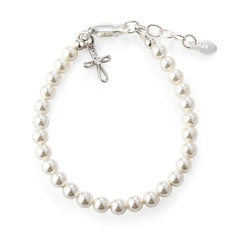 Cherished Moments cross bracelet close-up with Austrian pearls, ideal for infant christening keepsakes.