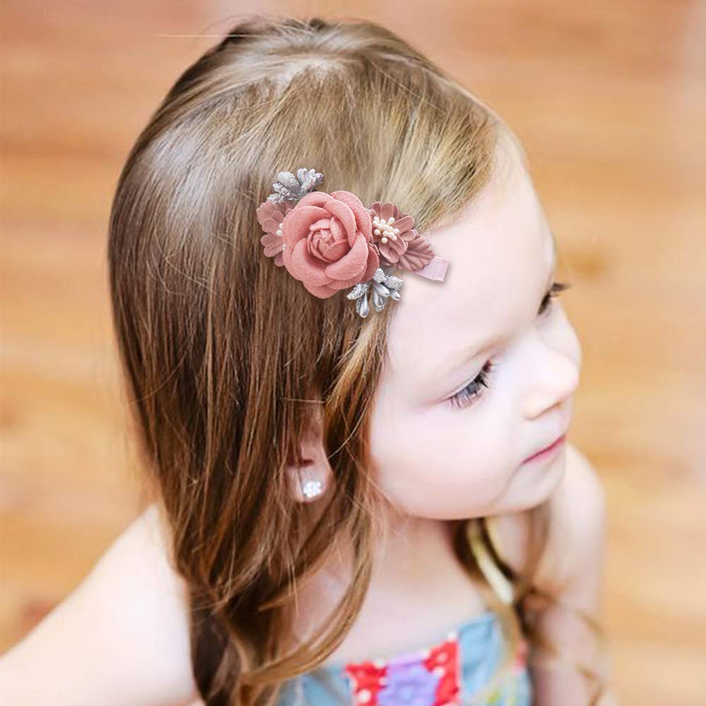 Cherrboll baby girl wearing flower clip demonstrates non-slip secure alligator clip in use.