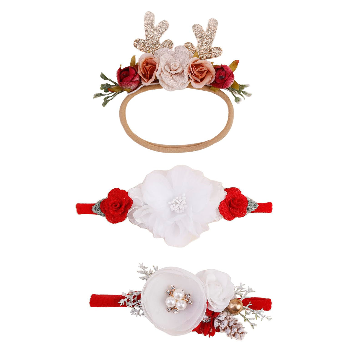 Cherrboll baby headbands flowers soft nylon 3-piece set offers gentle comfort for everyday wear.