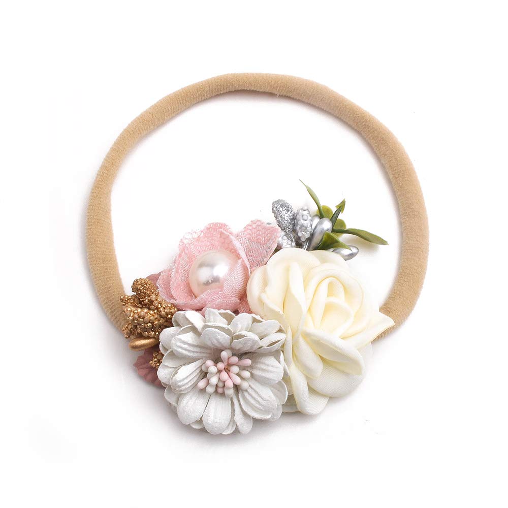 Cherrboll baby headbands flowers worn by toddler demonstrates gentle stretch for long wear.