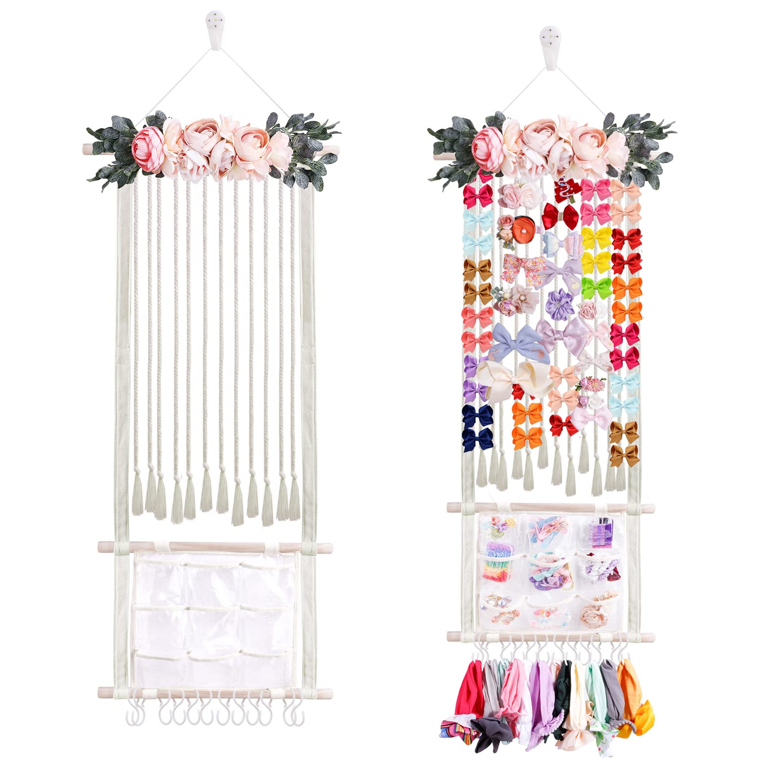 Cherrboll macrame bows holder on wall neatly displays bows.